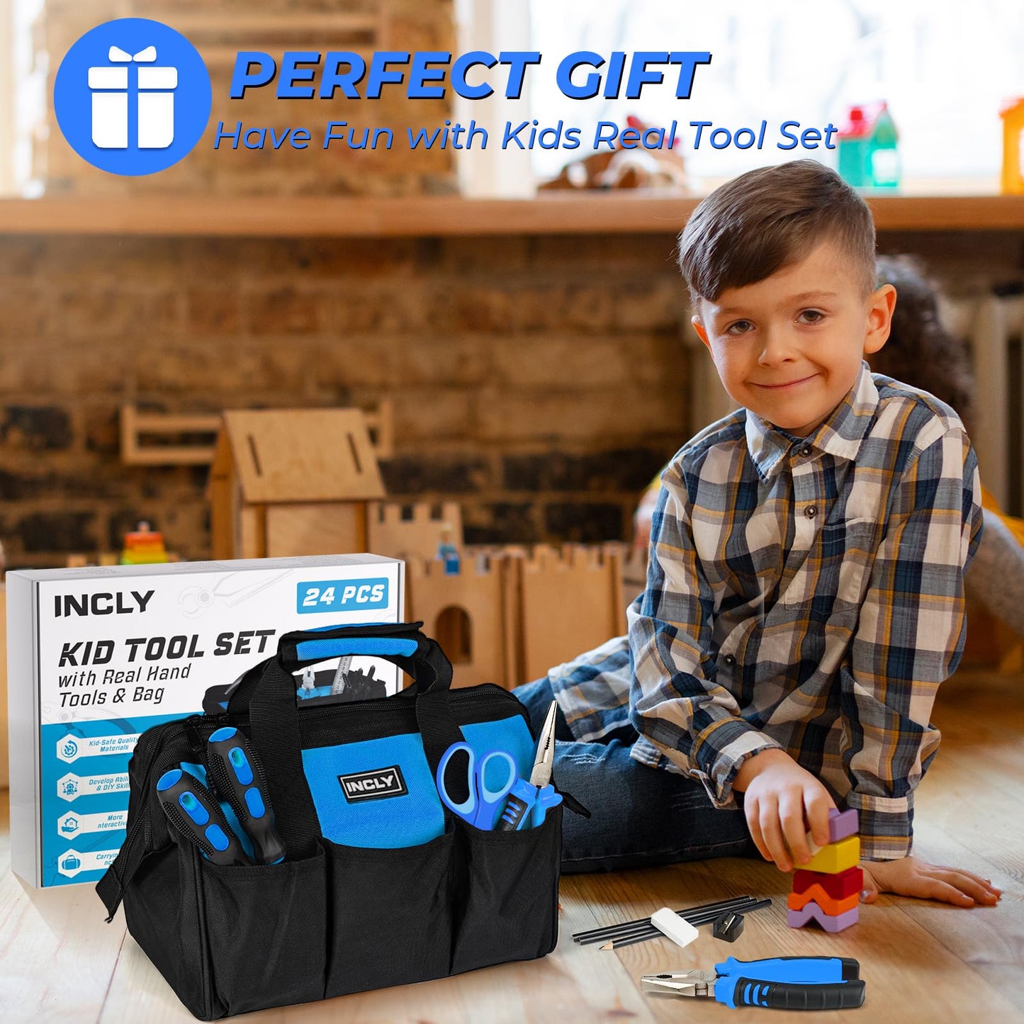 INCLY 24-Pcs Kids Real Tool Set with Tool Bag – Real-World DIY for Kids