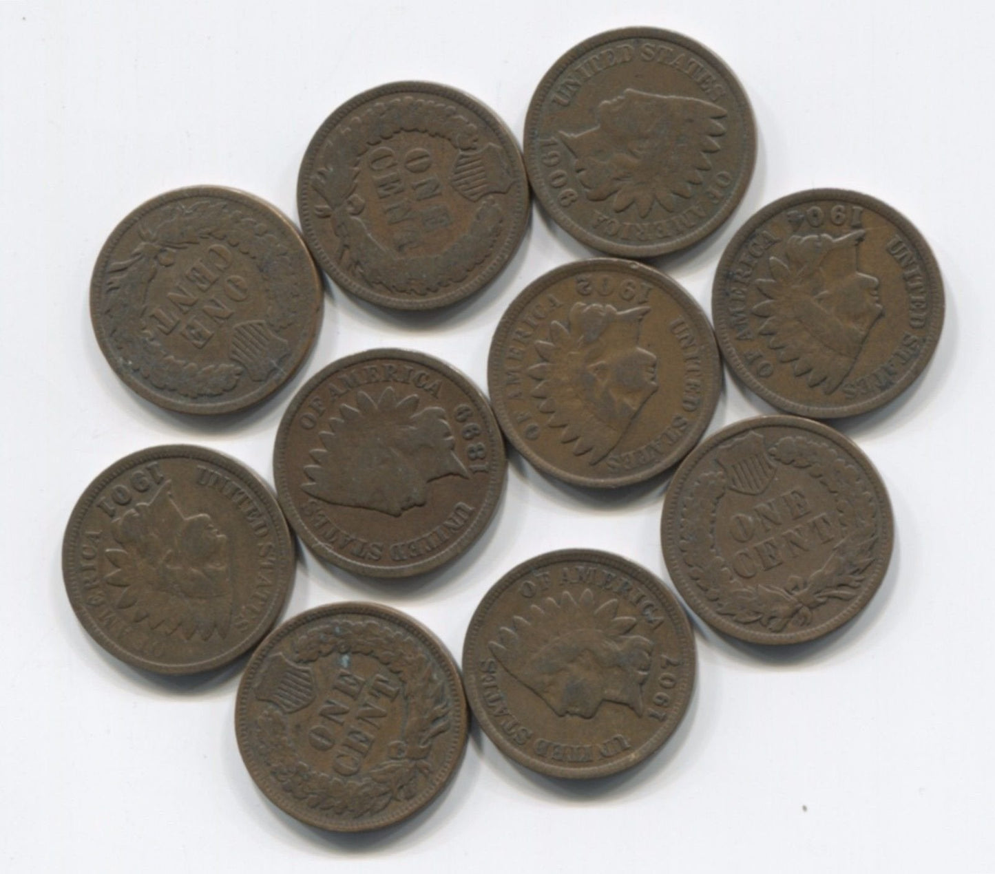 Indian Head Pennies: 10 Antique Cent Collection with 2 Pre-1900 Coins