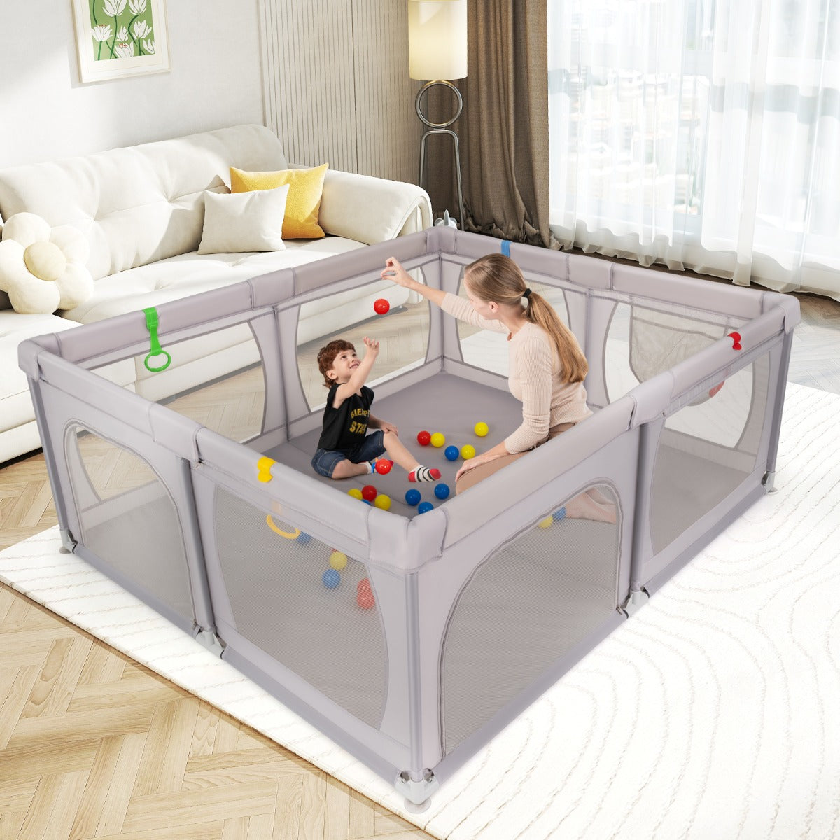 Indoor Safety Play Fence Infant Activity Center with 50 Ocean Balls-Dark Grey