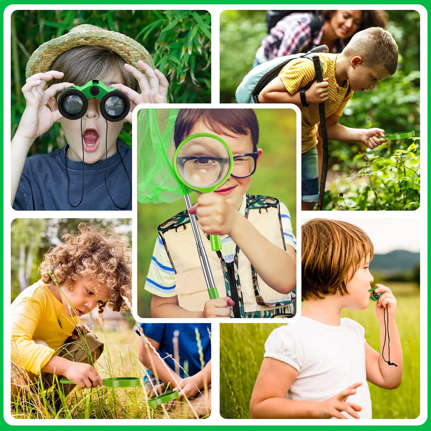 INNOCHEER Kids Explorer Kit & Bug Catcher Set – Safari Vest, Hat, Binoculars, Net, Bug Book (Camouflage Green)