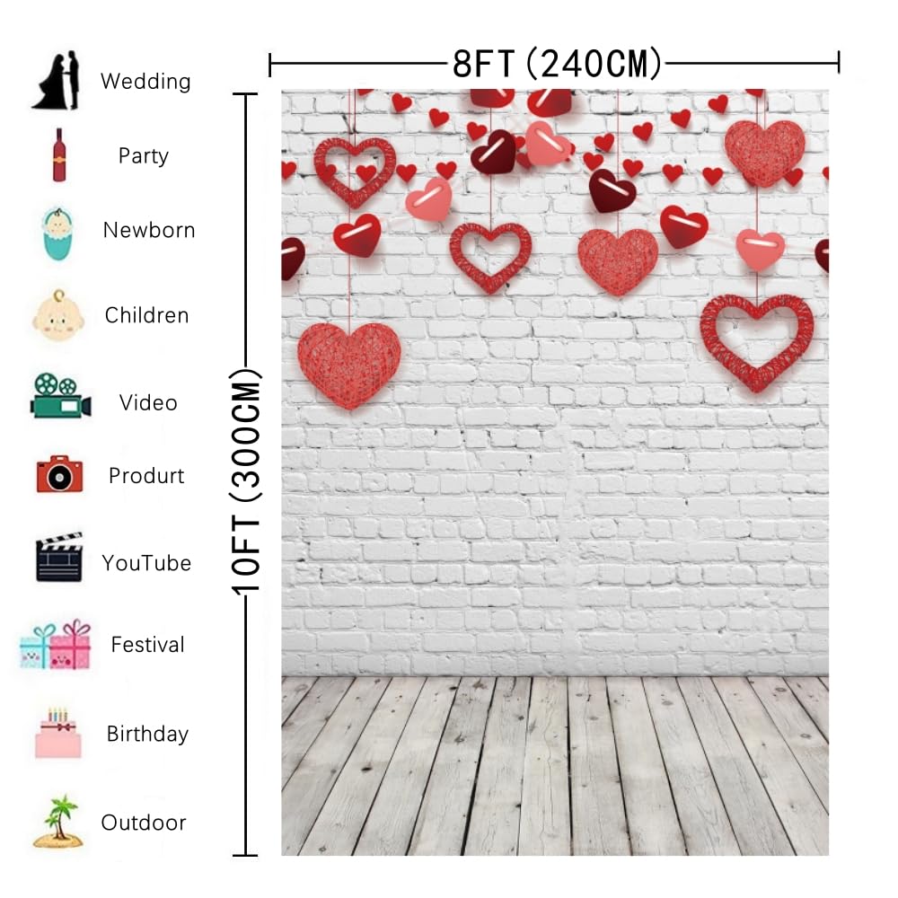 INRUI RUINI Valentine's Backdrop — Bokeh Red Heart on Rustic White Brick Wall & Gray Wood Floor, 8x10ft