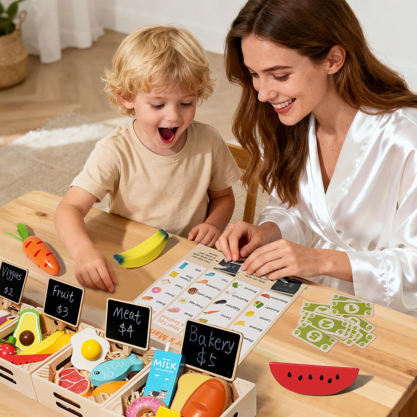 Inslat Food Groups: 20 Wooden Play Foods, 4 Crates & 4 Mini Blackboards – Pretend Kitchen Toys for Kids 3+