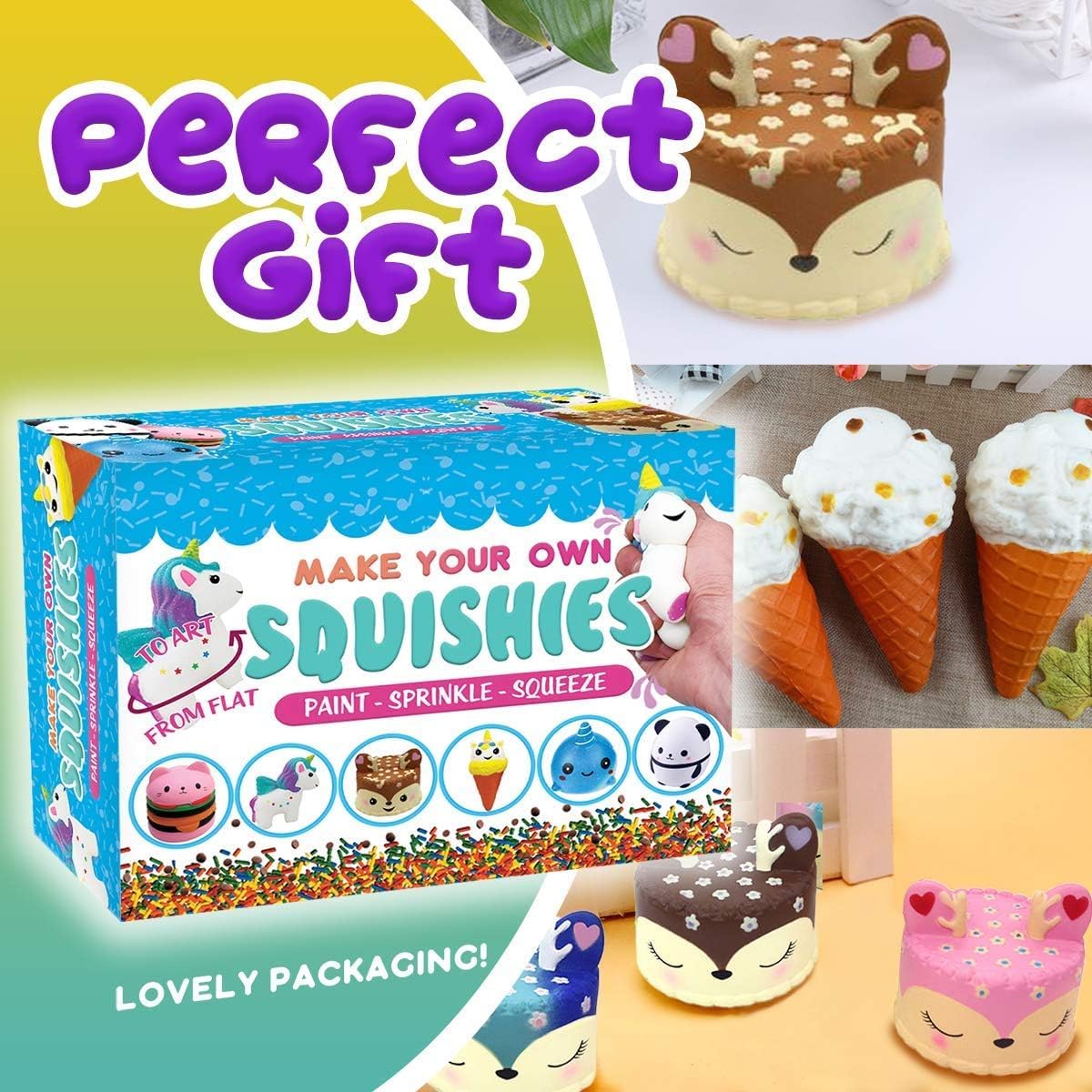 Insnug Sensory Dessert Squishies – Jumbo DIY Squishies for Kids 4-10 (Unicorn, Ice Cream, Donut) + Painting Kit