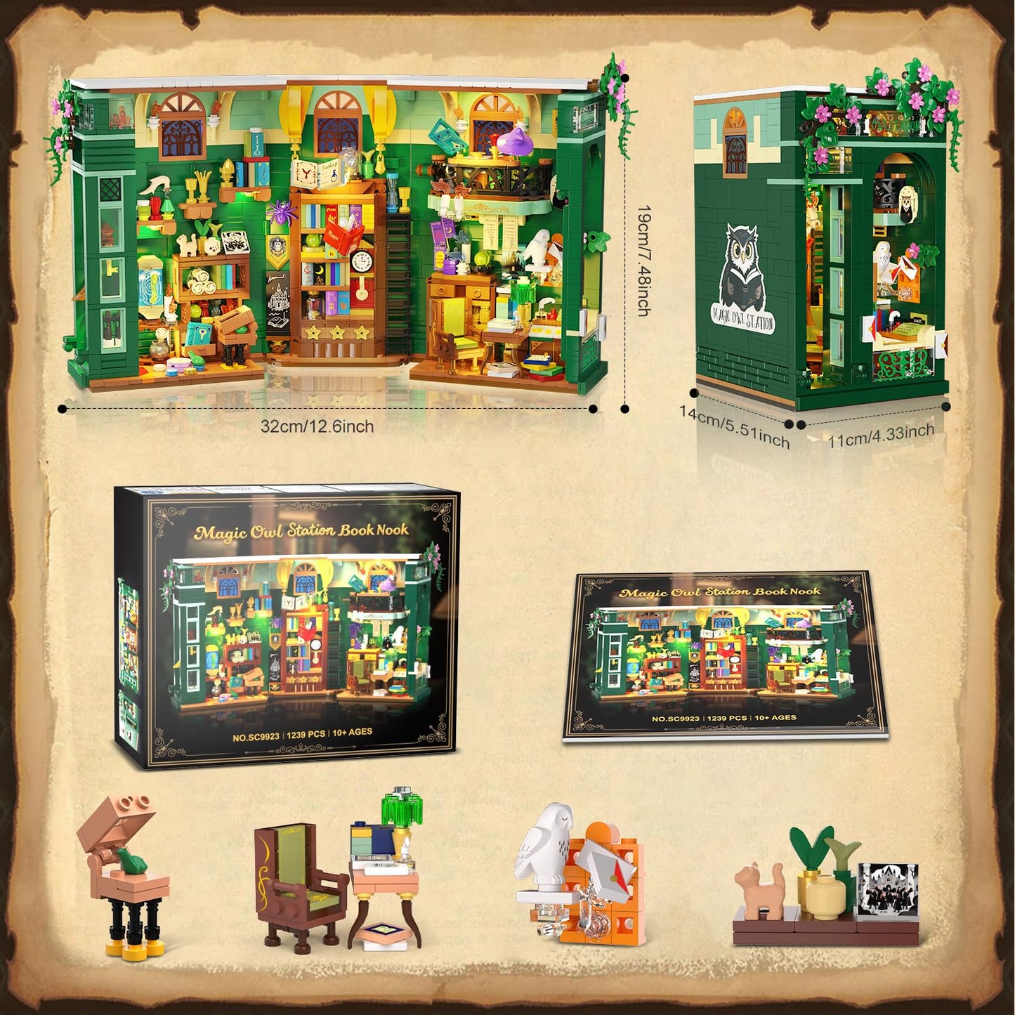 INSOON Magic Owl Station Booknook Building Set with Lights – 1239 PCS DIY Bookend Shelf Decor