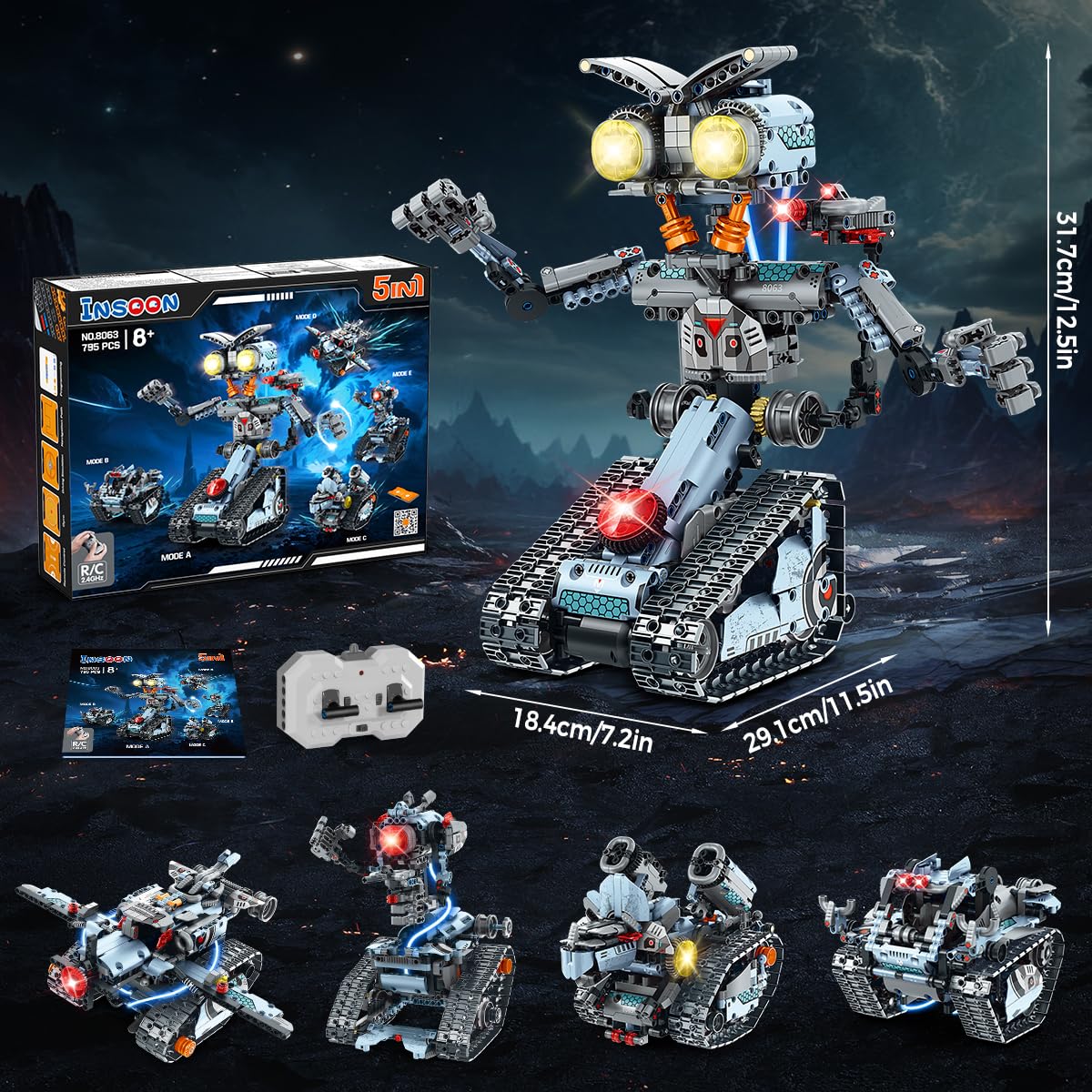 INSOON 5-in-1 Robot Building Toy with Lights – App & Remote, 795 PCS