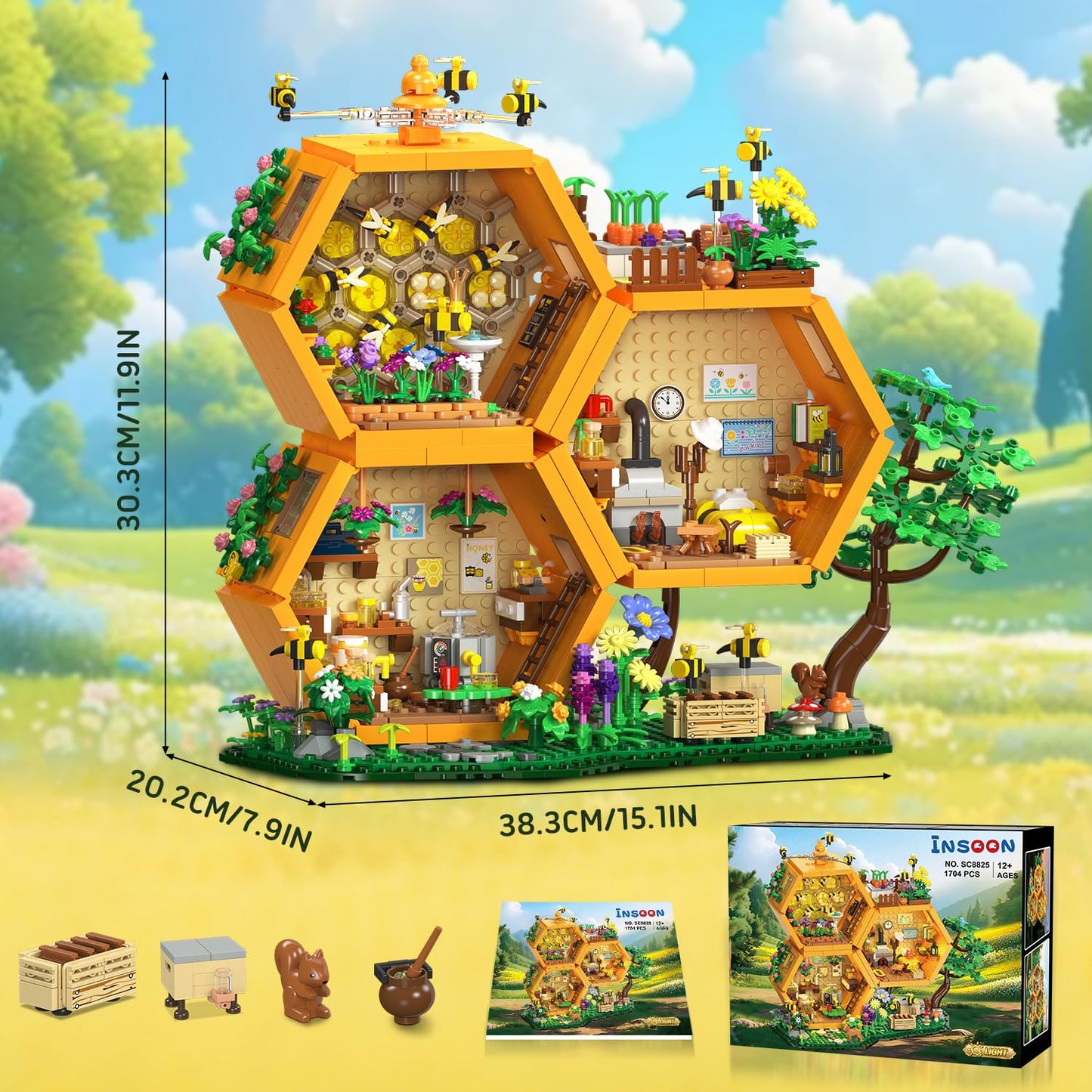 INSOON Farm Bee House Building Set with Lights – 1704-Piece Beehive Model