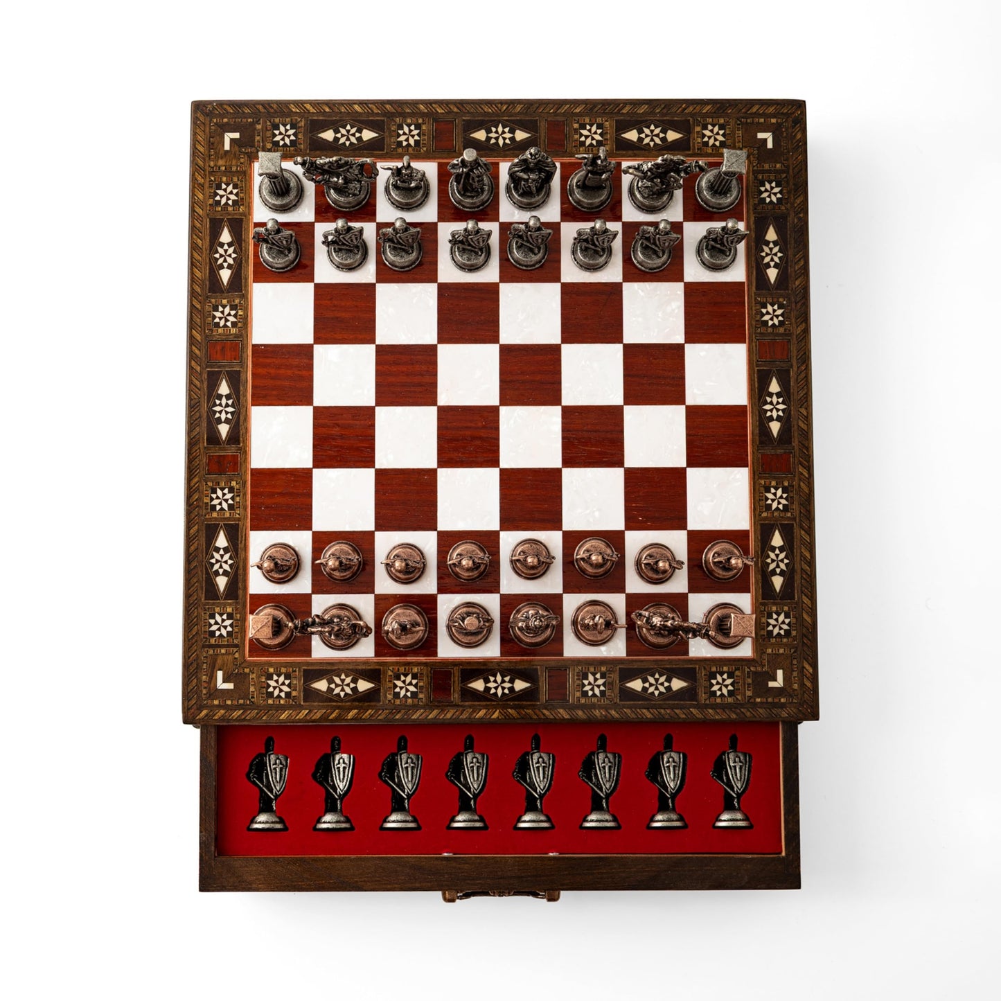 INTERIART Luxury Walnut Chess Set with Metal British Army Pieces – Handmade Board with Storage (Rose)