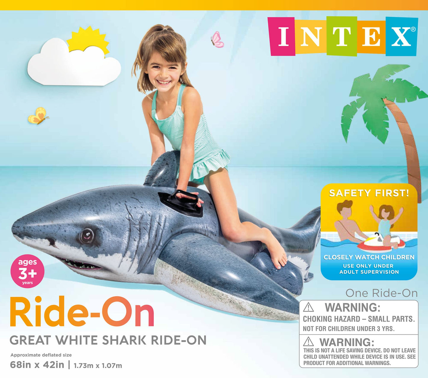 Intex Great White Shark Inflatable Pool Float – 68x42 in, 2 Handles, Ages 3+