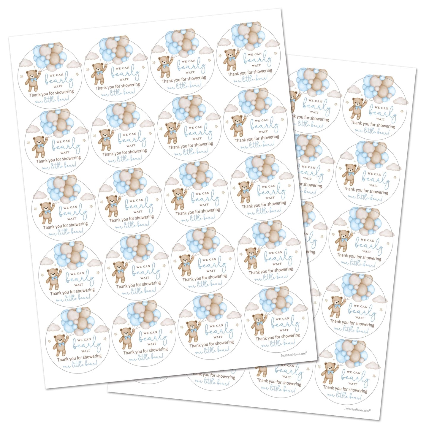 InvitationHouse 2-Inch Round Boho Bear Baby Shower Sticker Set – 40 Blue Labels