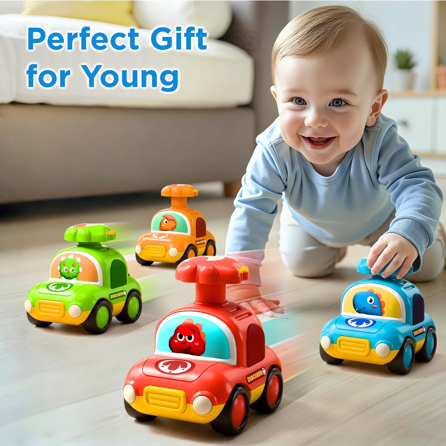 iPlay iLearn Press to Go Dinosaur Car Toys – 4-Pack for Toddlers 12–24 Months