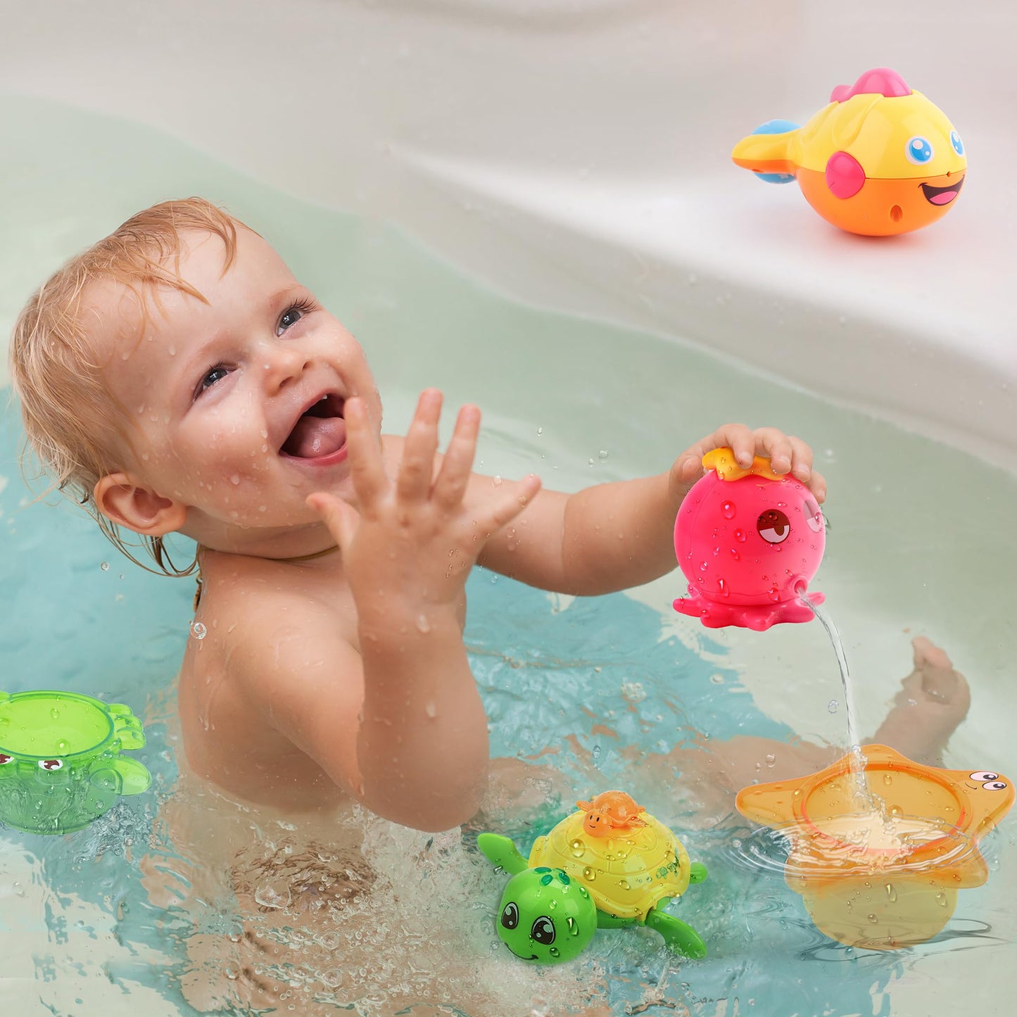 iPlay iLearn Baby Bath Toys with Organizer – Squirting Octopus, Wind-Up Turtle, Stacking Cups, 6–36 Months