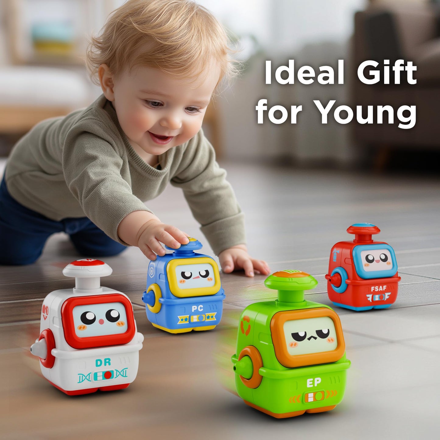 iPlay iLearn Press to Go Robot Car Toys - 4-Pack Push Cars for Toddlers 12-36 Months