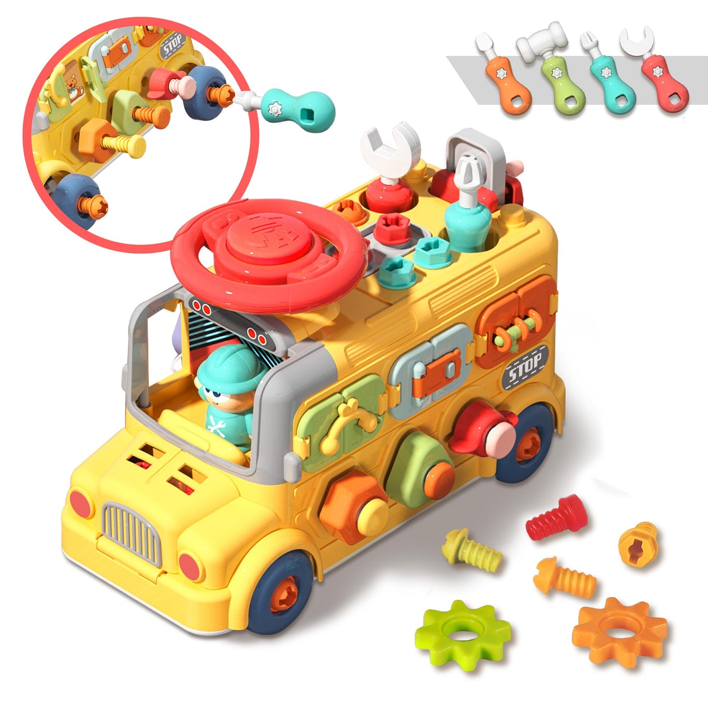 iPlay iLearn Toddler Busy Bus Toy – STEM Take-Apart School Bus with Tools, Gears & Steering Wheel (Ages 3-5)