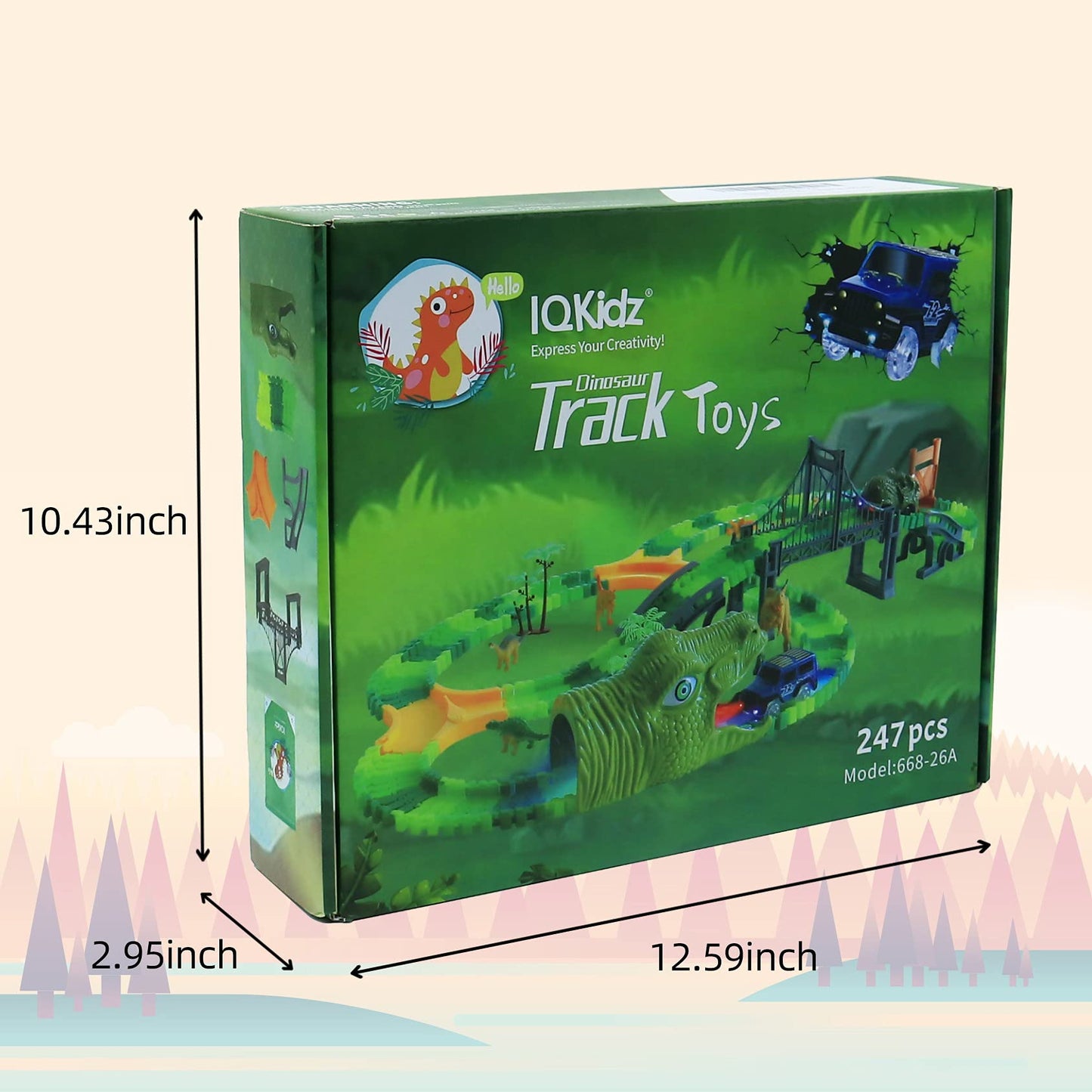 IQKidz Dinosaur World Race Track Toys – 216-Piece Flexible Track Set with Cars & Dino Figures