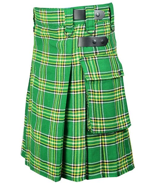 Irish Tartan Scottish Men Utility Modern Kilt 2 side Cargo Pocket Length 24"