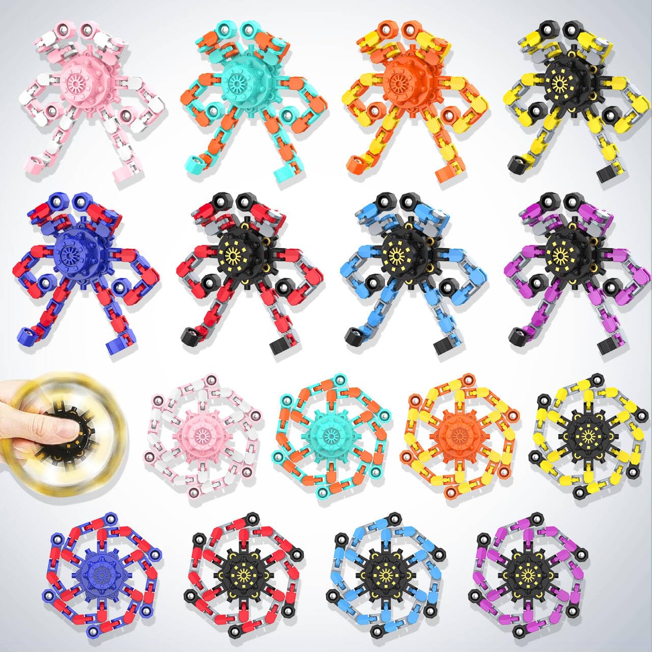 Irvotbes Transformable Fidget Spinners – 16pc Deformable Chain DIY Robot Fingertip Gyros for Stress Relief