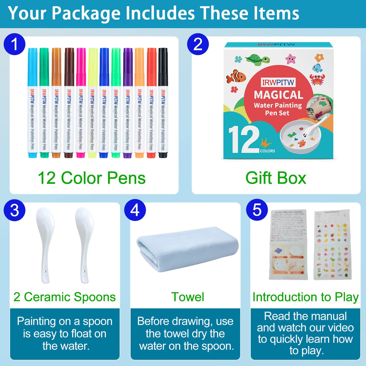 IRWPITW Magic Drawing Pen Bundle – 12-Color Water Pens for Kids