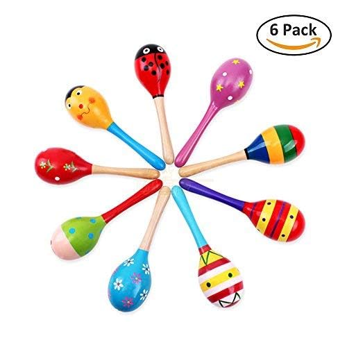 Islmlisa Mini Wooden Maracas for Kids – 6-Pack, Random Color Fiesta Maracas