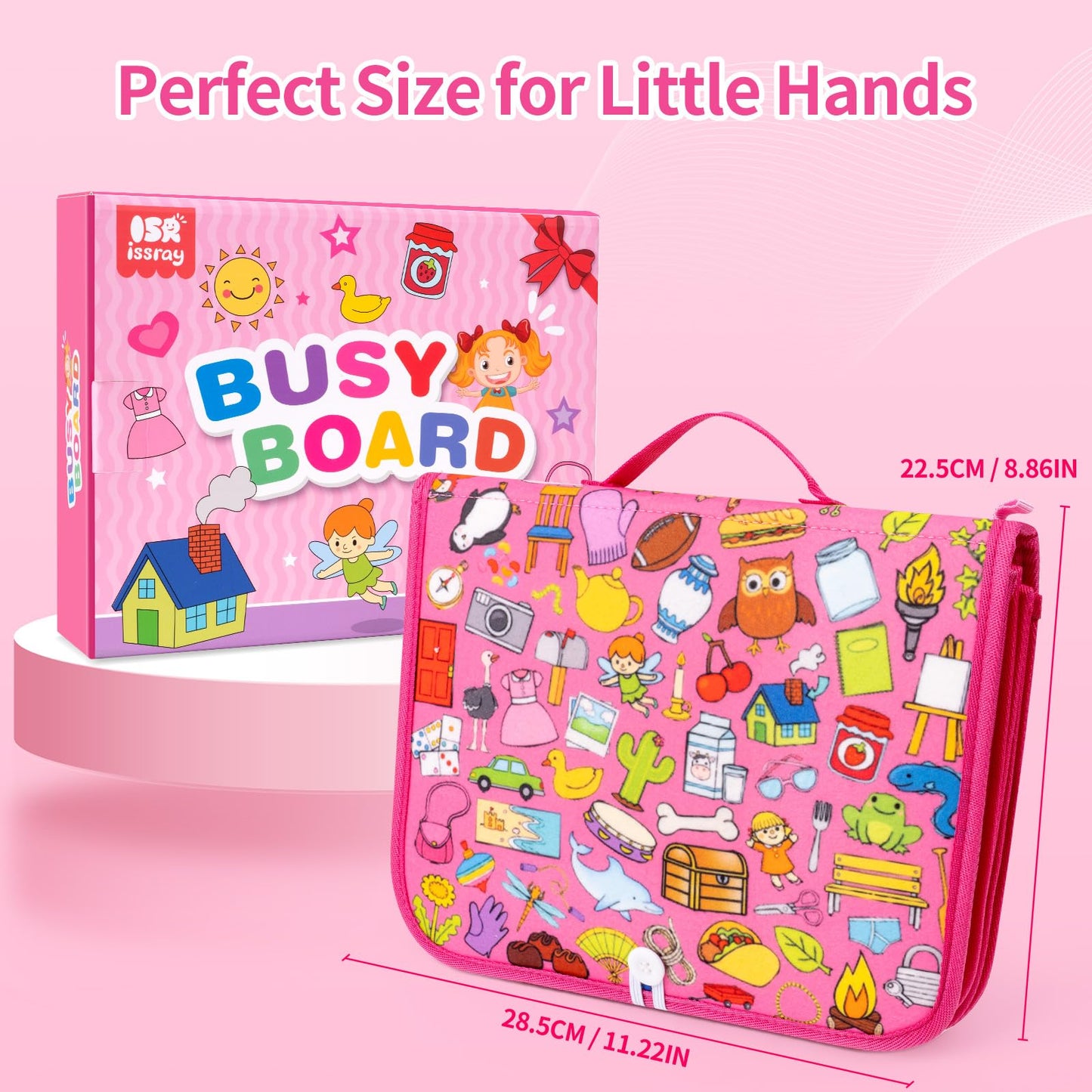 issray 12-page Toddler Busy Board – Montessori Toy | 24-in-1 Sensory Activity (Pink)