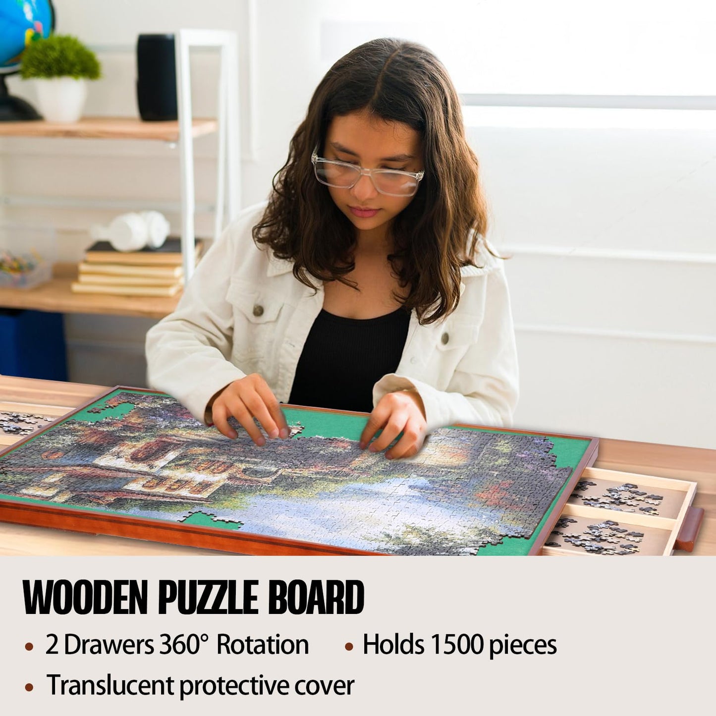 ITEFDTUTNE Rotating Puzzle Board with Drawers — 34 x 24, 1500-Piece Capacity