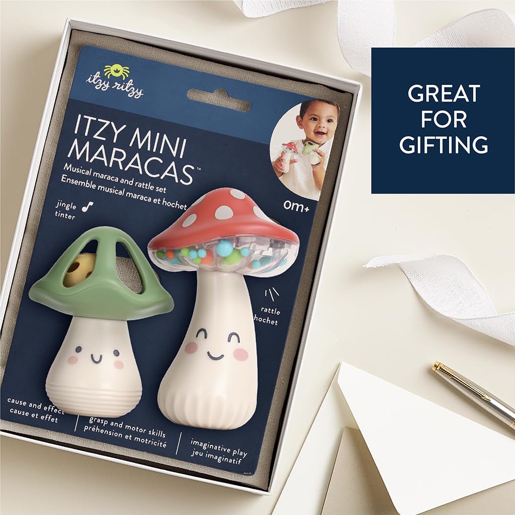 Itzy Ritzy Mini Maracas – Sensory Baby Rattle with Beads & Jingle Ball (Ages 0+) Mushroom