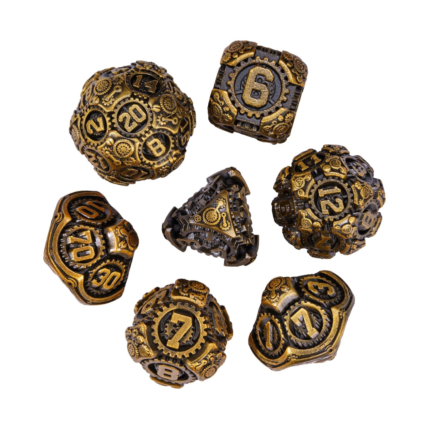 IUSTIDIE Metal Dice Set 7 Die D&D Dice Antique Gold – Steampunk Gear RPG Dice with Gift Bag