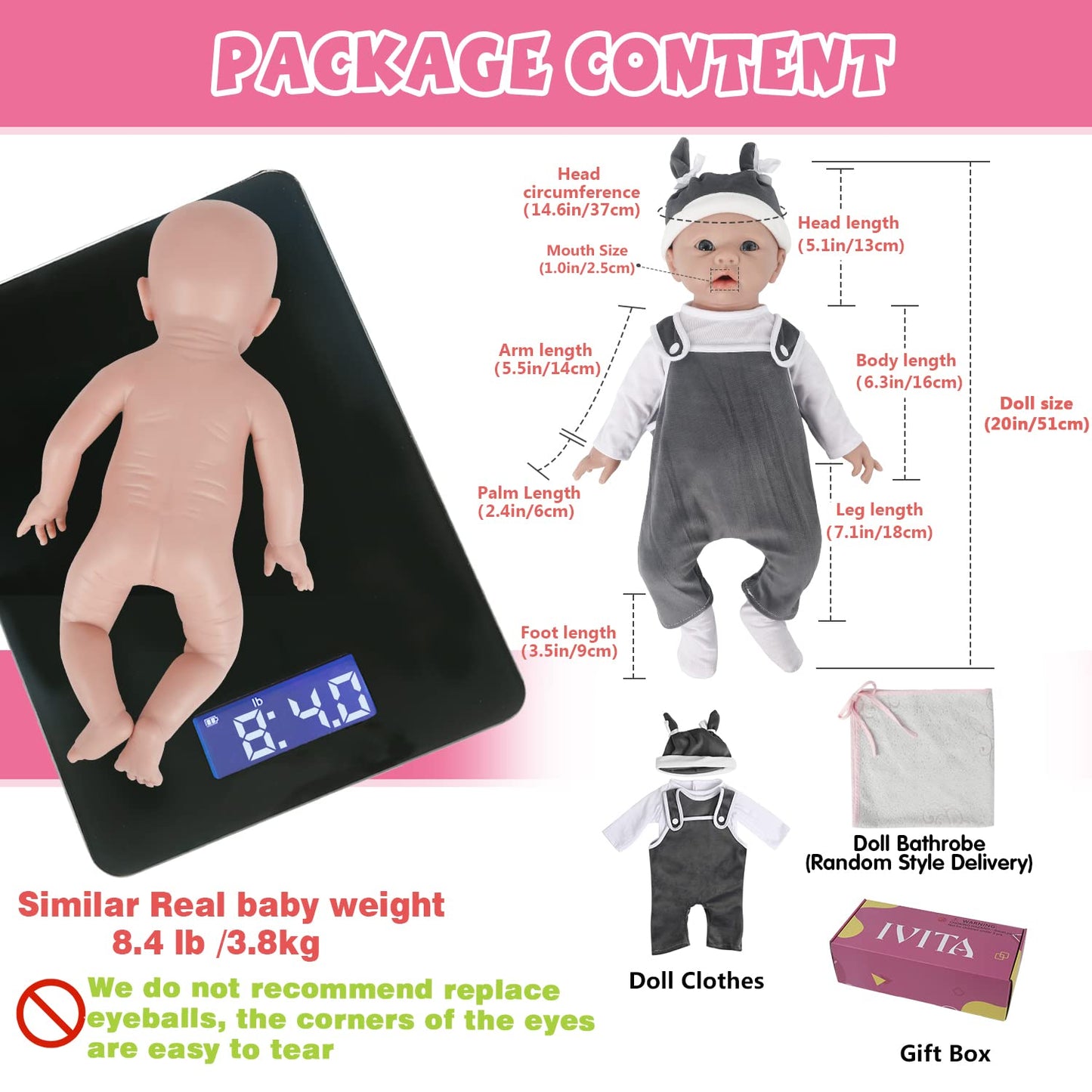 IVITA 20-Inch Reborn Silicone Baby Doll – Lifelike Real Newborn for Collectors & Kids 3+