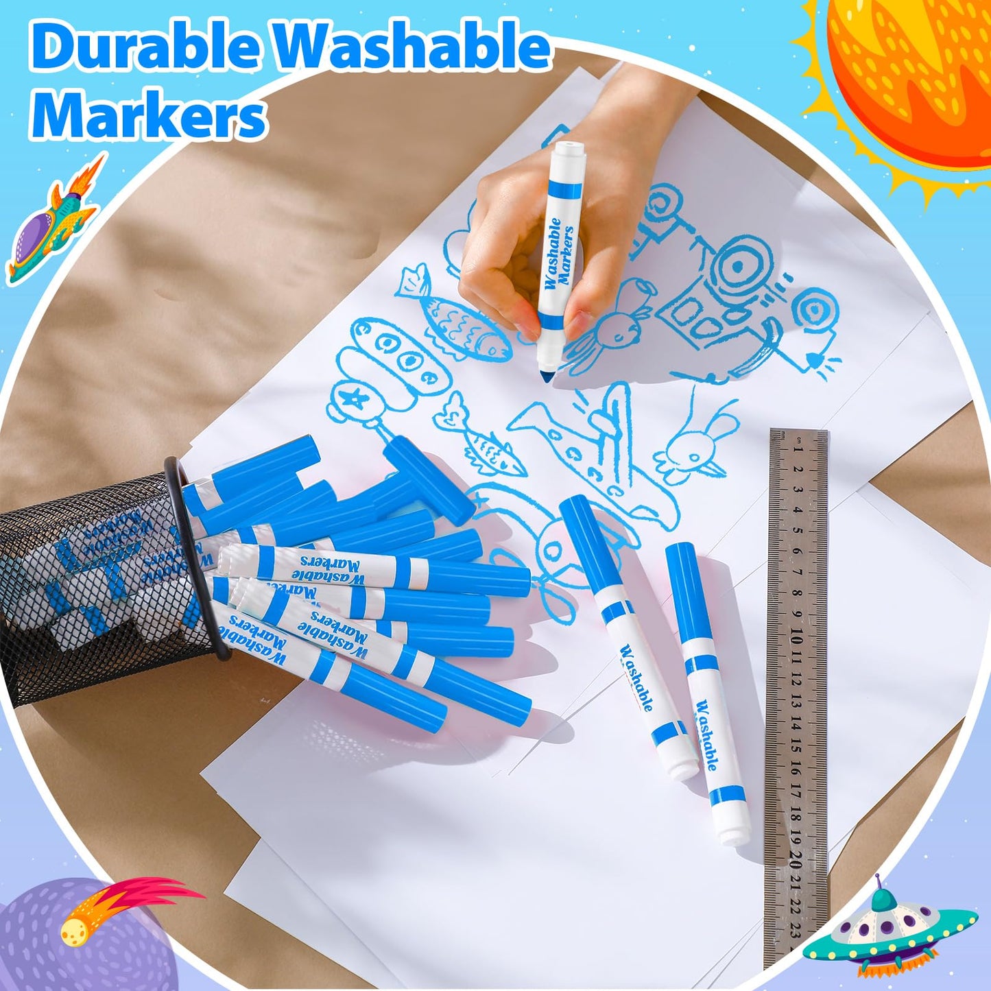 Janlaugh Sky Blue Washable Markers – 24-Count Bulk, Broad-Line Conical Tip for Kids & Classrooms