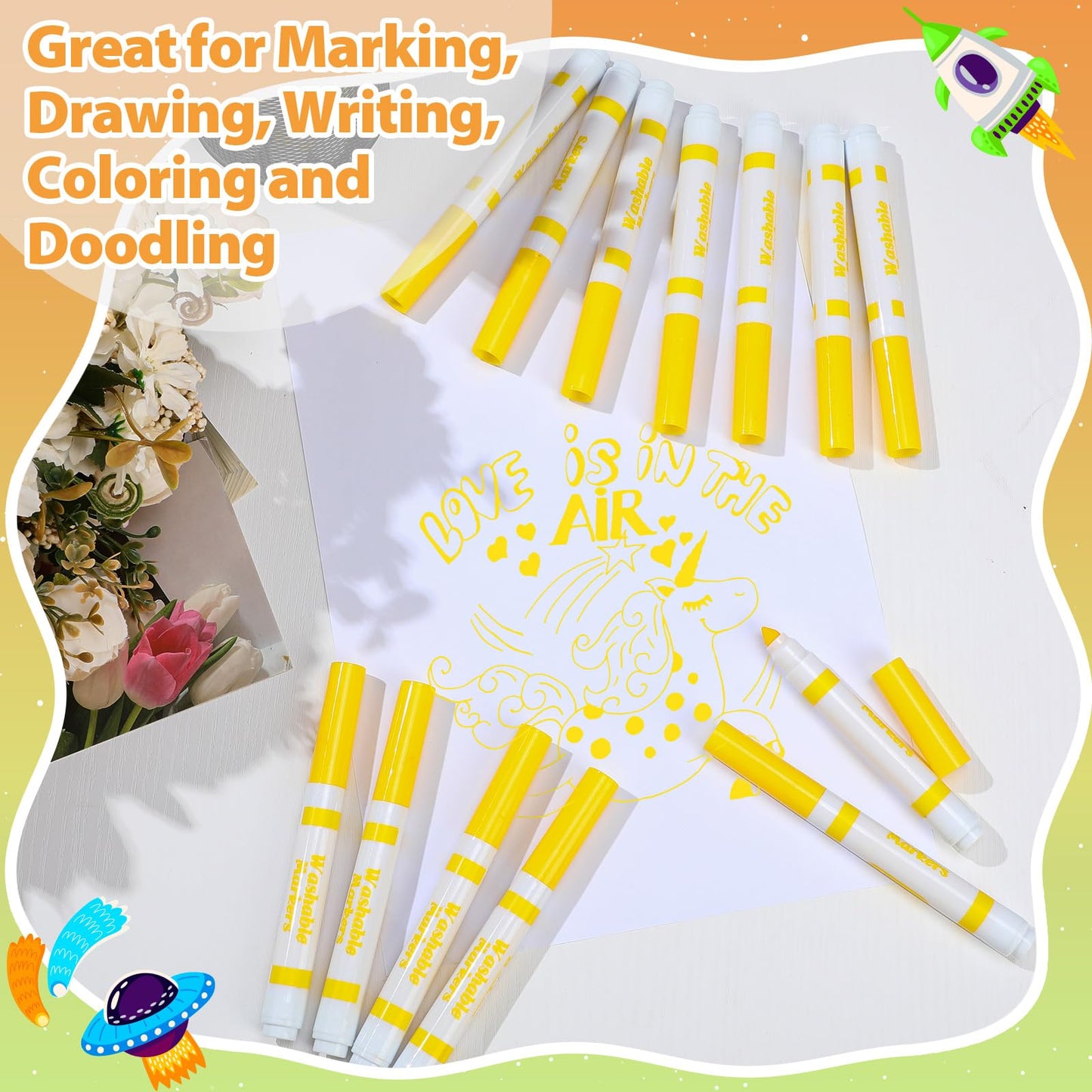 Janlaugh 24 Pcs Washable Markers Bulk – Yellow Conical Tip Broad Line Markers for Kids, Classroom & DIY Projects