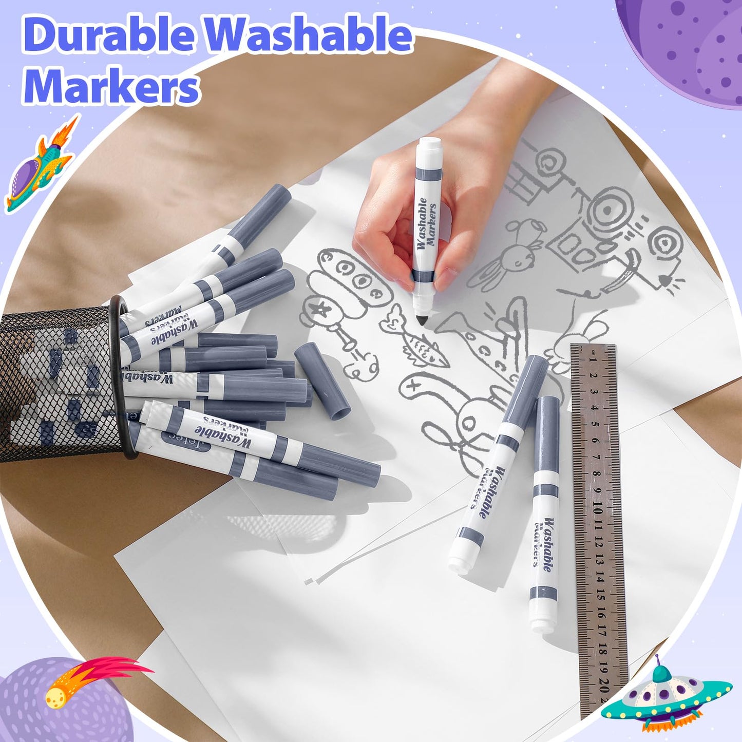 Janlaugh 24 Pcs Washable Gray Markers — Broad Line Conical Tip for Kids & Classrooms