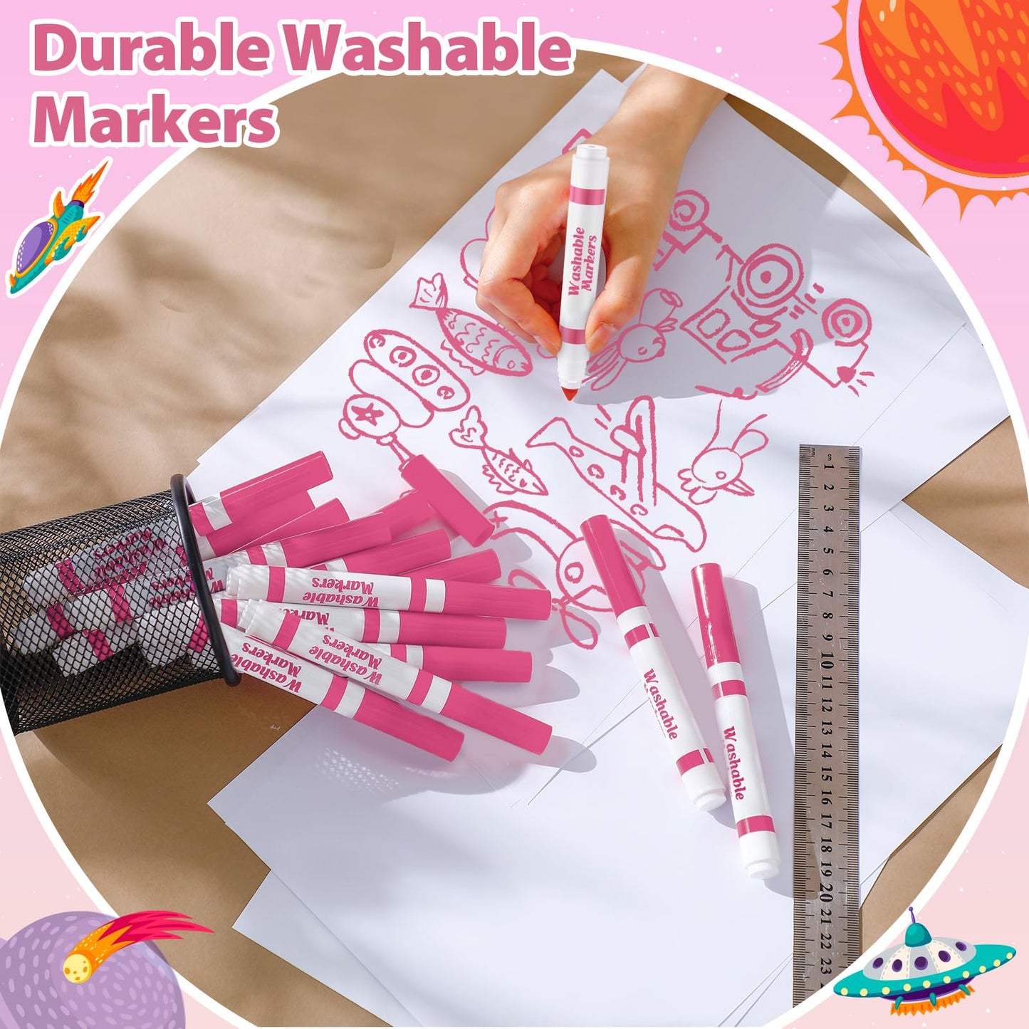 Janlaugh 24 Pcs Washable Markers Bulk – Light Pink Broad Line Conical Tip for Kids, Classrooms, and Crafts
