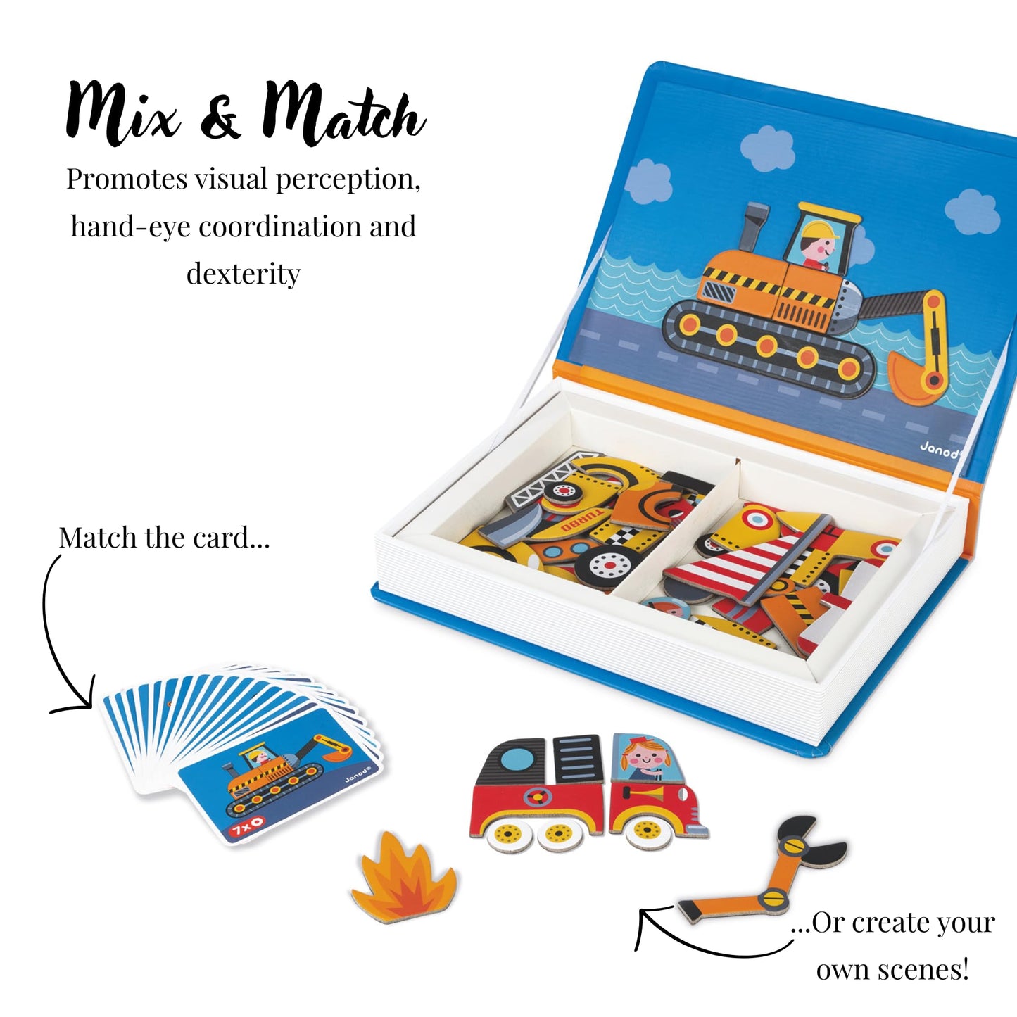 Janod MagnetiBook 69-piece Magnetic Racers Vehicle Game – Ages 3+, Build, Create & Learn
