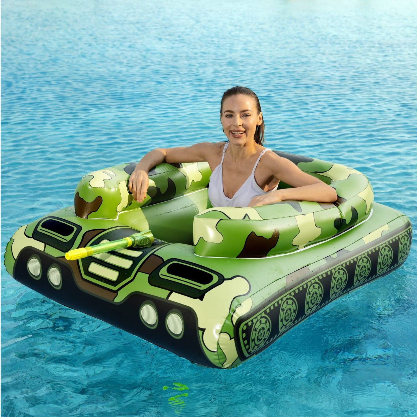Jasonwell Inflatable Tank Pool Float with Water Cannon — Green, Large Tank Float for Lake, Beach & Pool Parties