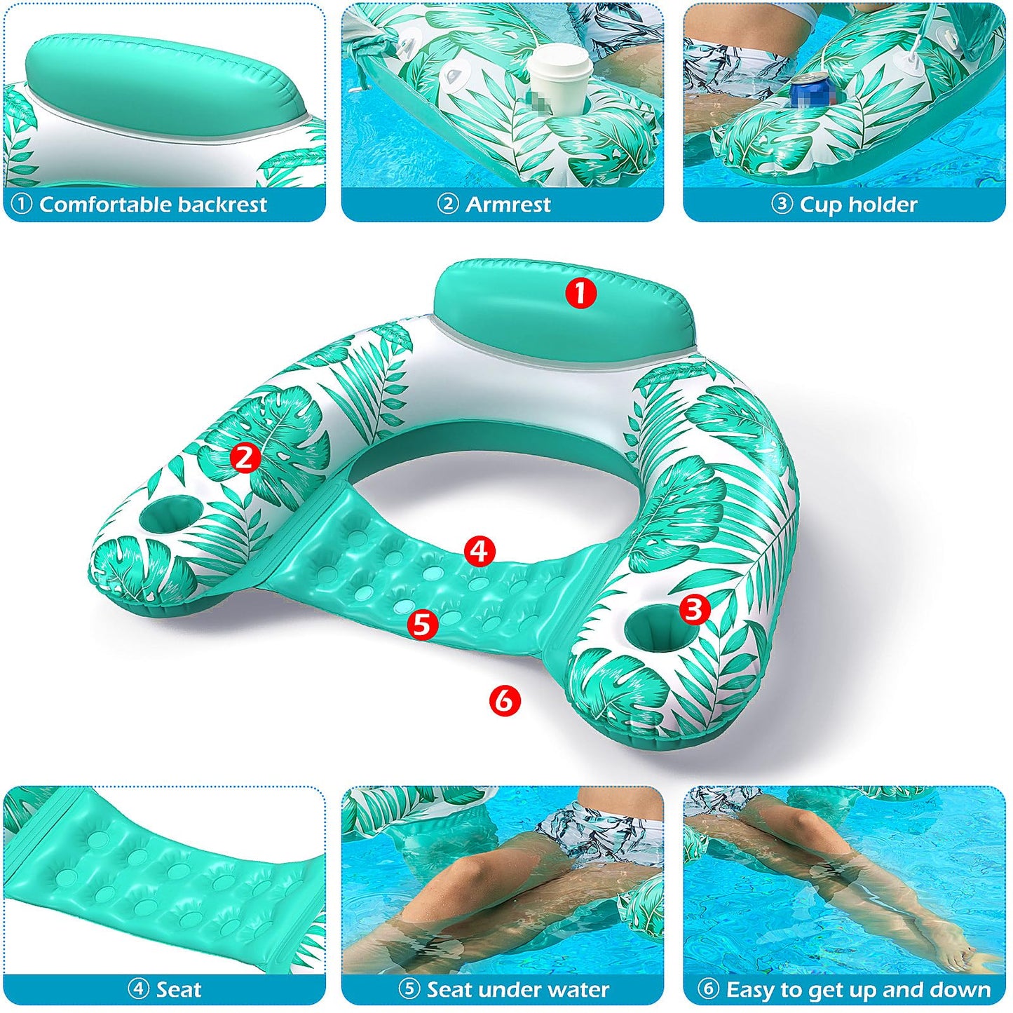 Jasonwell Inflatable Pool Float Chair with Cup Holders – Durable Pool Lounge (XL TropicalGreen)