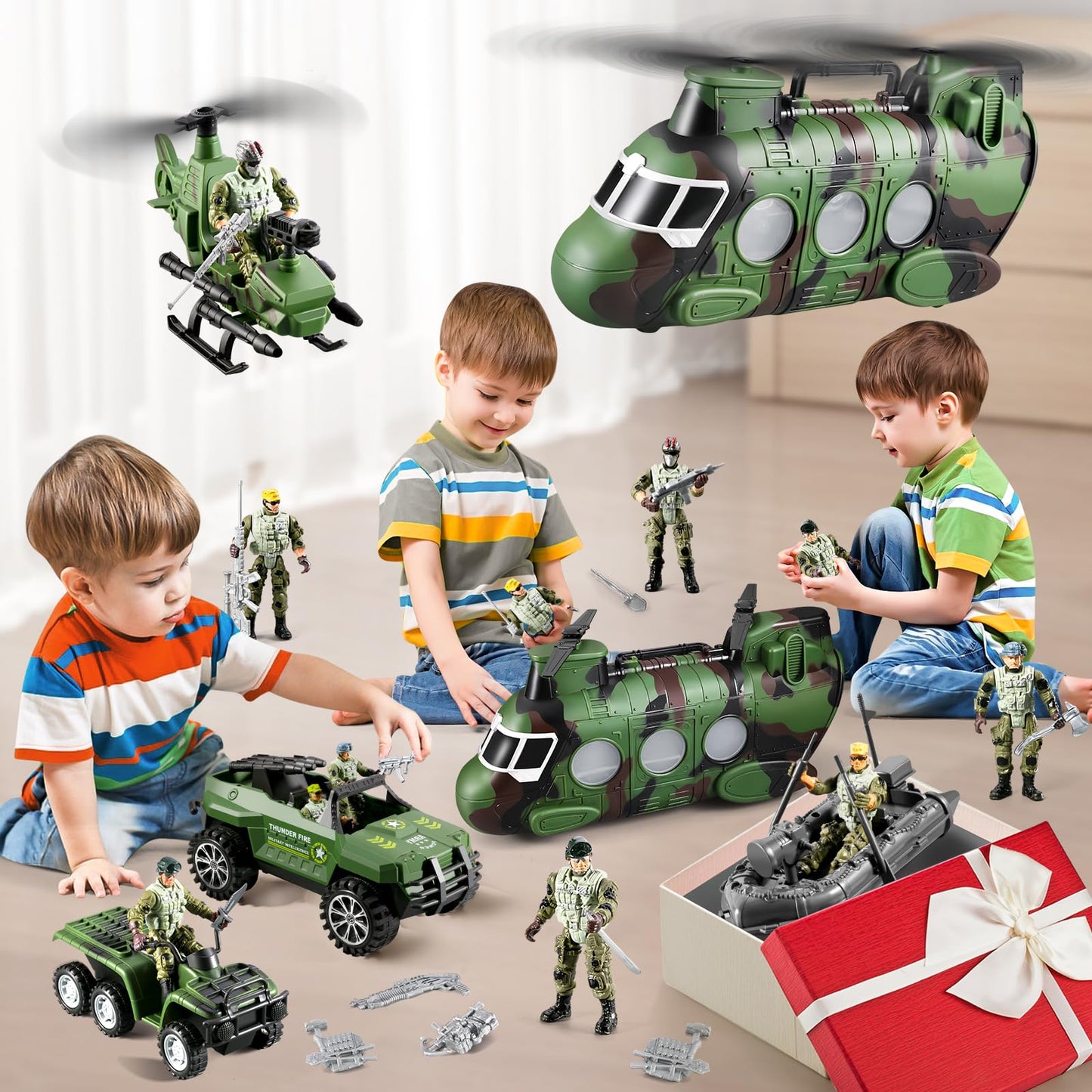 JASSKKBO 56-in-1 Army Men Toys Set for Boys 4-12 – Helicopter, Truck, Kayak, Motorcycle, Figures & Gears