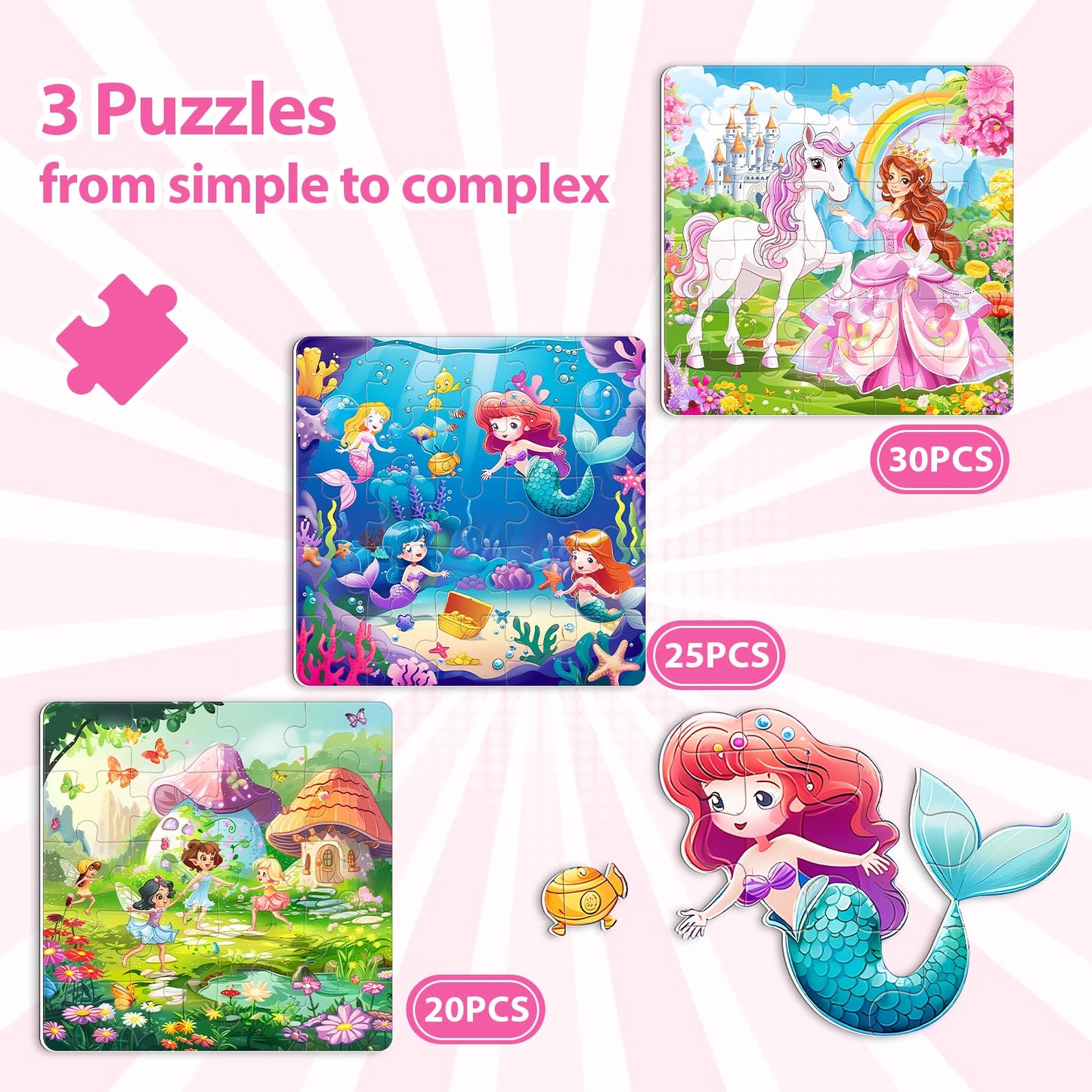 Jeacirio Princess Magnetic Mermaid Puzzles – 20/25/30 Piece Toddler Travel Toys for Girls, Ages 4-6