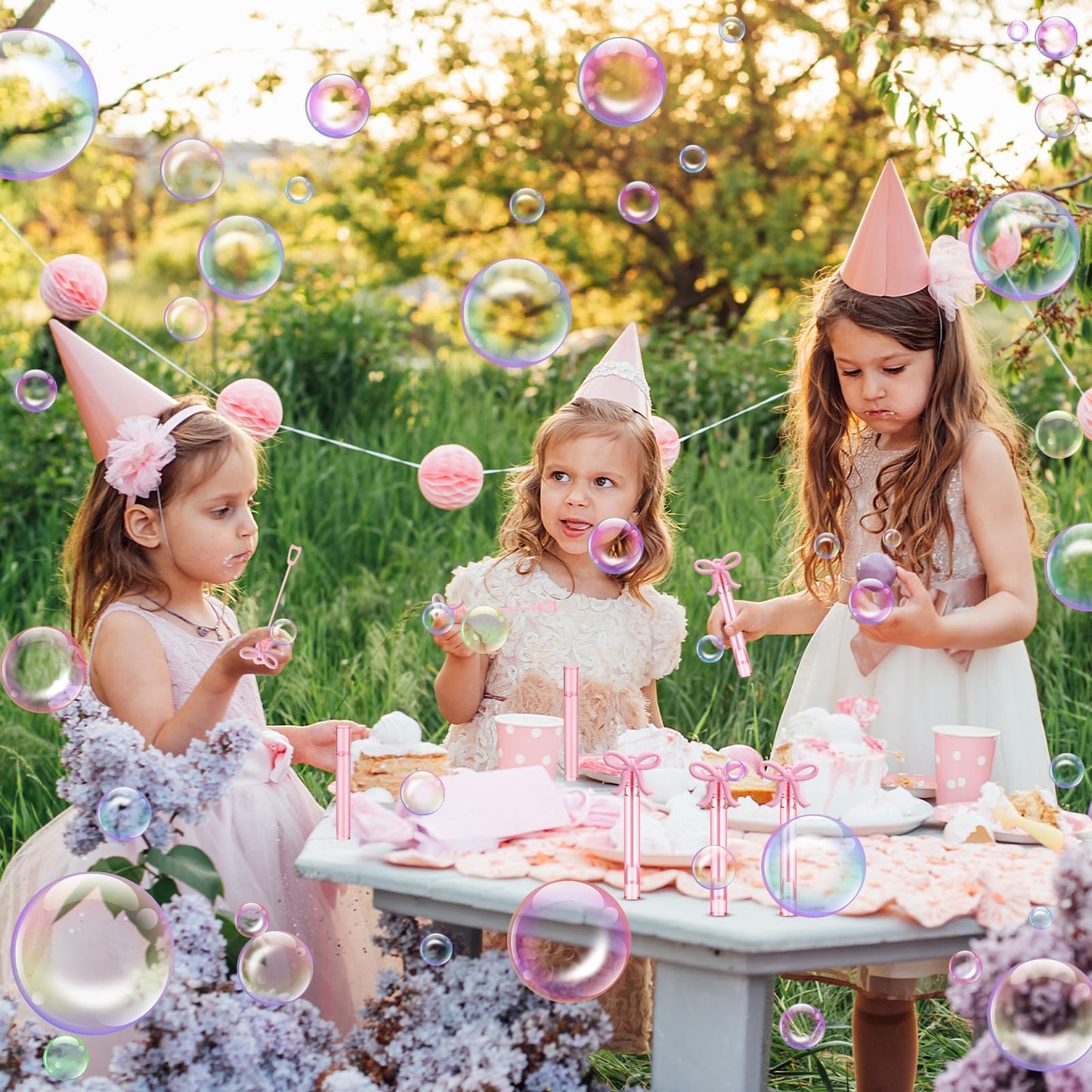 JellyArch 24 Pink Bow Mini Bubble Wands with Detachable Topper – Party Favors