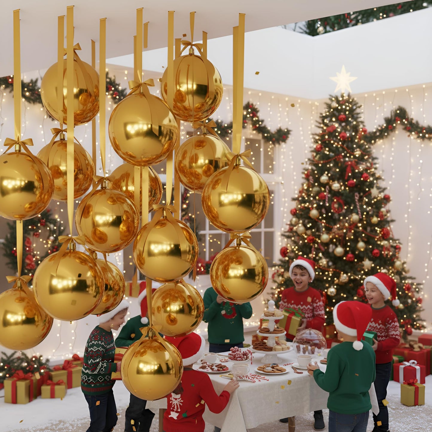 Jenaai 30-Set 22-Inch Gold 4D Round Foil Balloons with Satin Bows – Giant Ceiling Decor for Holidays & Celebrations