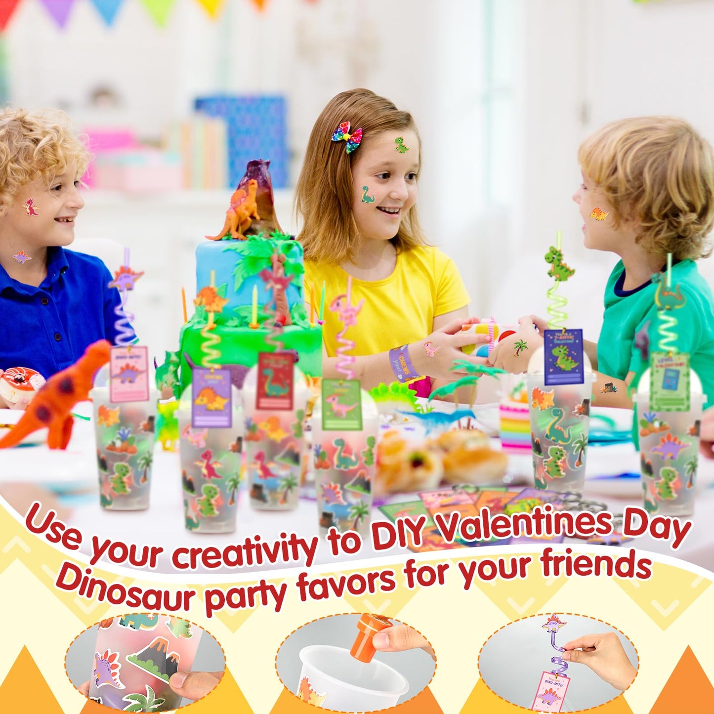 Jenaai 268 Pcs Valentines Day Gifts for Kids: Dinosaur Cups, Straws & More