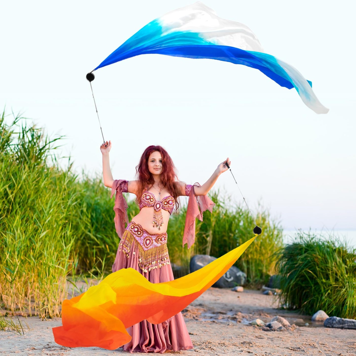 Jenaai Silk Veil Poi Streamers – 4 Sets Belly Dance Props, 78.74 x 31.5 in