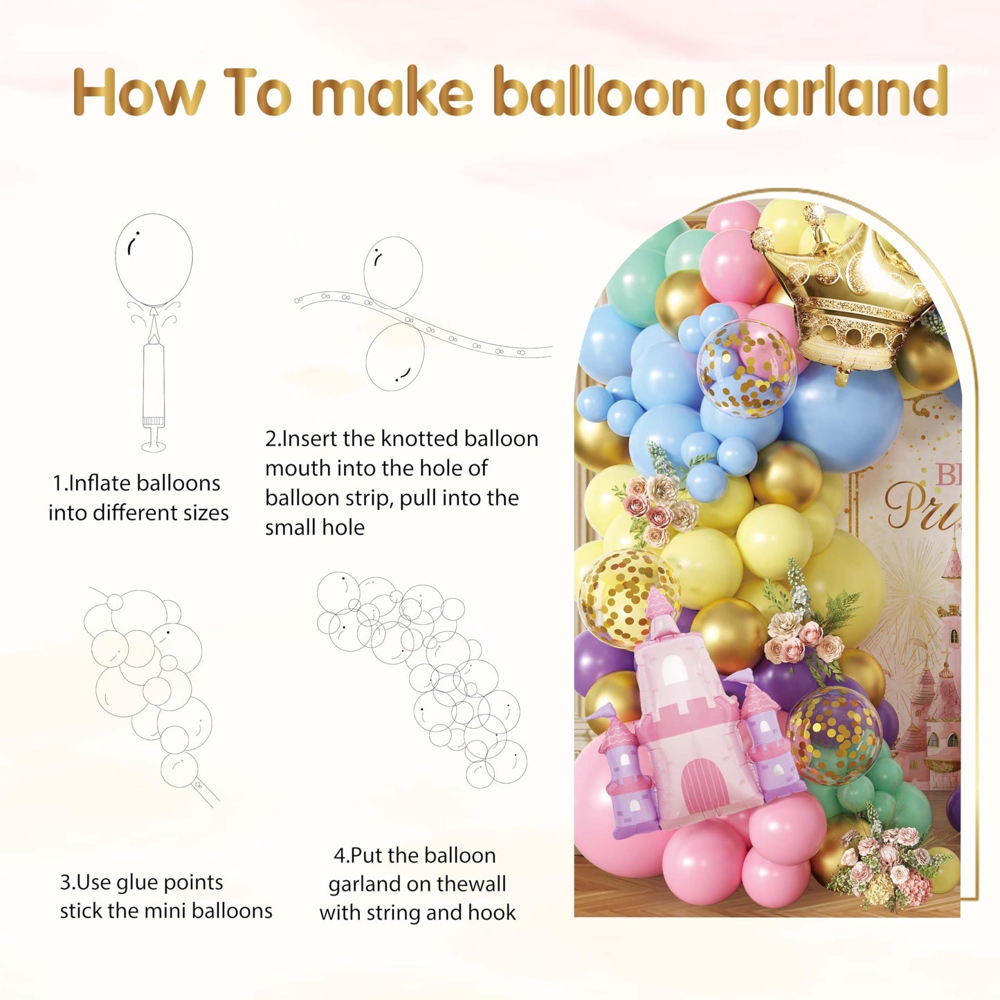 Jenlion 102pc Princess Balloon Garland Arch Kit – Pink Castle & Gold Crown, Pastel Macaron Colors