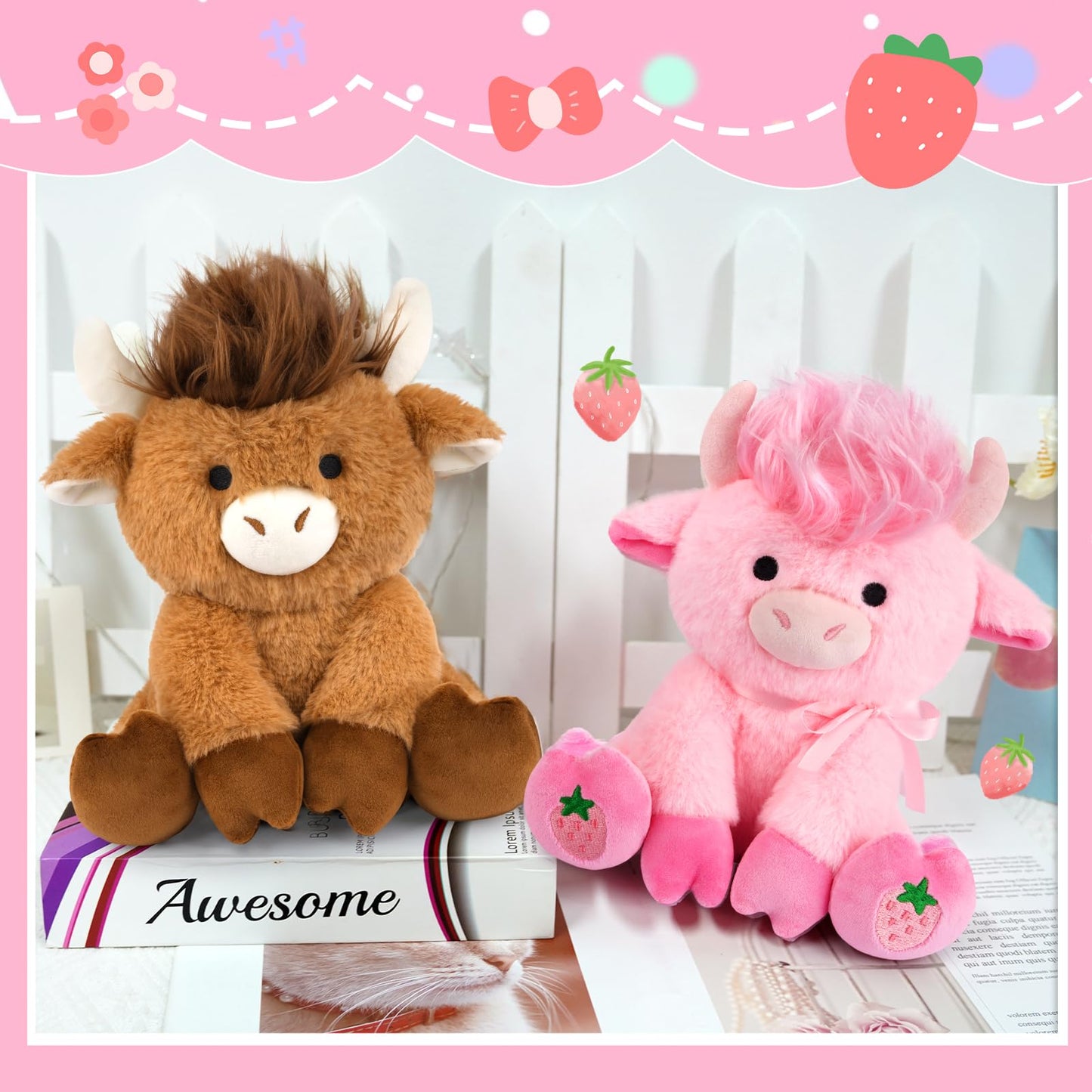JEROKUMI Highland Cow Plush 8-Inch Strawberry Pink with Ribbon Bow
