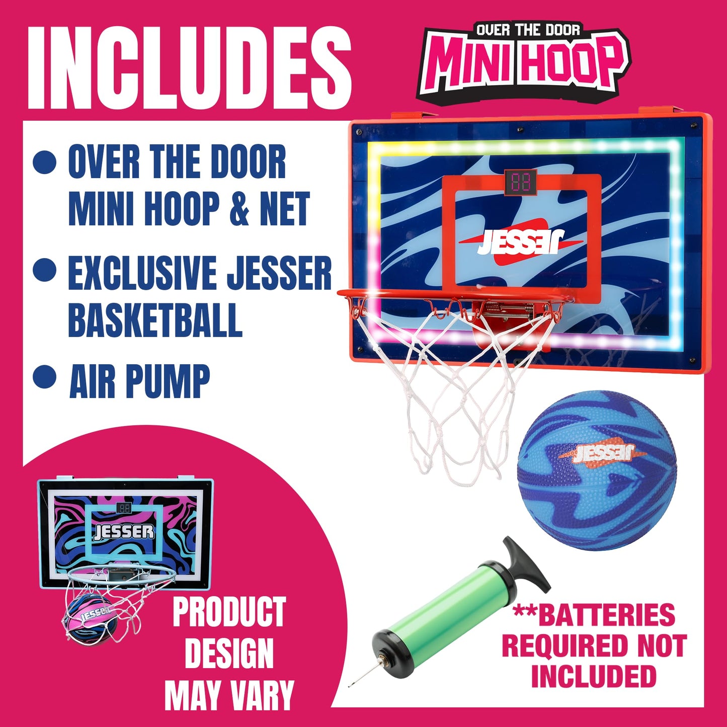 Jesser Hoop Over The Door Mini Basketball Hoop – LED Scoring, 2 Modes, 5-inch Ball | Indoor Kids 6+