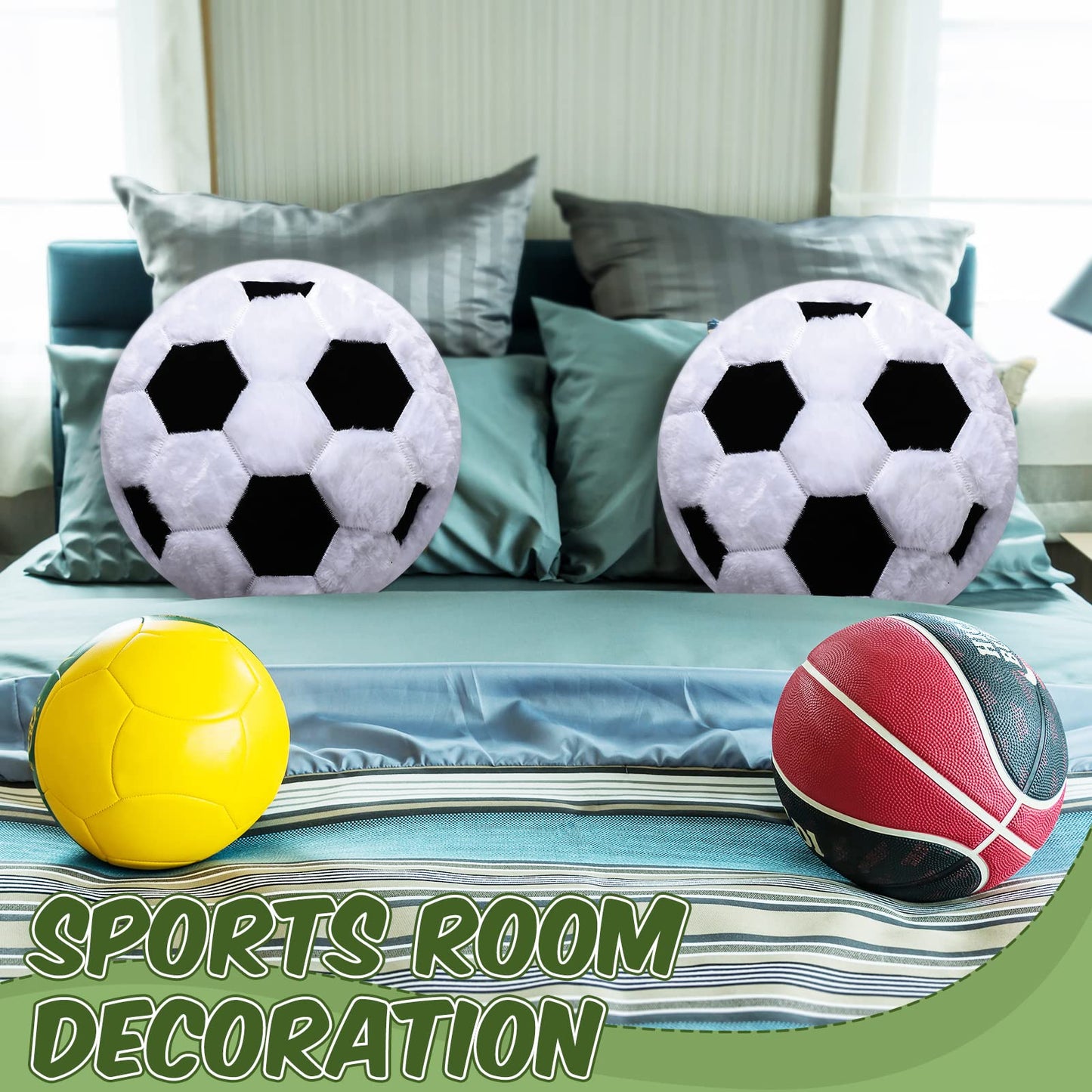 Jetec 2-Pcs Soccer Pillow – Fluffy Plush Round Soccer Ball Shaped Cushion for Bedroom Decor