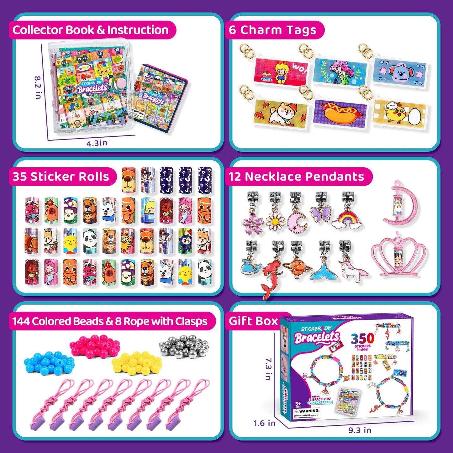 JHTIGRE DIY Sticker Bracelet Maker Kit – 350 Mini Rolls, 12 Pendants, 6 Bracelets & 2 Necklaces