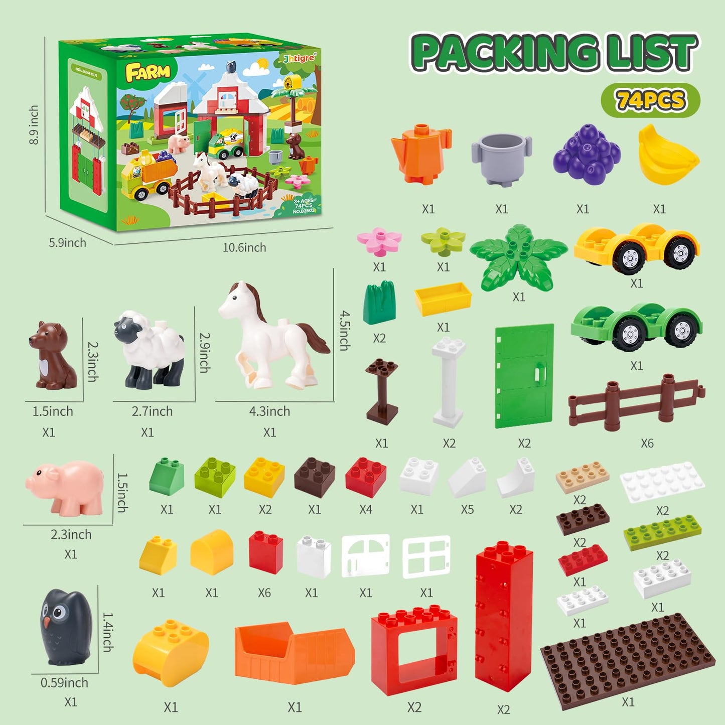 JHTigre Farm Building Blocks – 74-Piece Toddler Set (Ages 2-5) | Compatible with Major Brands