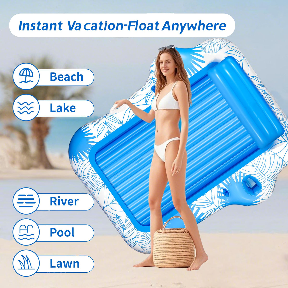 JIANYHW Inflatable Pool Lounger Float - 70x60 Inches X-Large Two-Person Sun Tan Tub with 2 Drink Holders