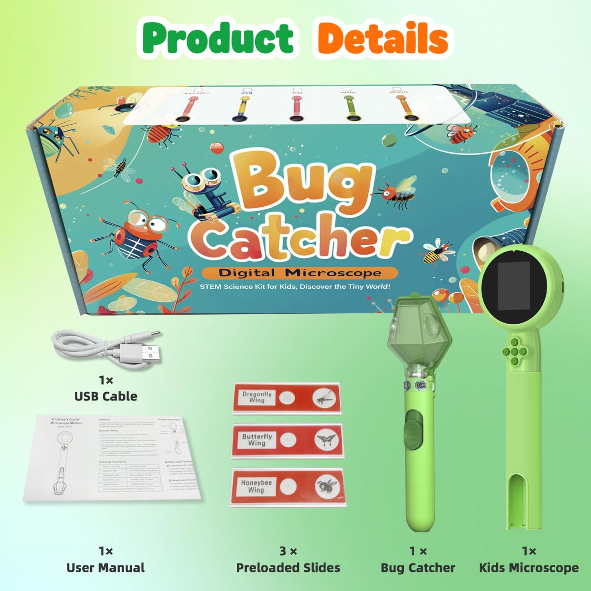 JIMZOO Kids Microscope with Bug Catcher Kit — 1080P Digital Handheld STEM Toy (Ages 3–12)