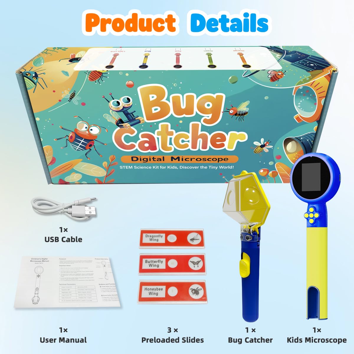 Jimzoo Kids Microscope with Bug Catcher Kit – 1080P HD Mini Handheld Scope, 200x–500x, Rechargeable