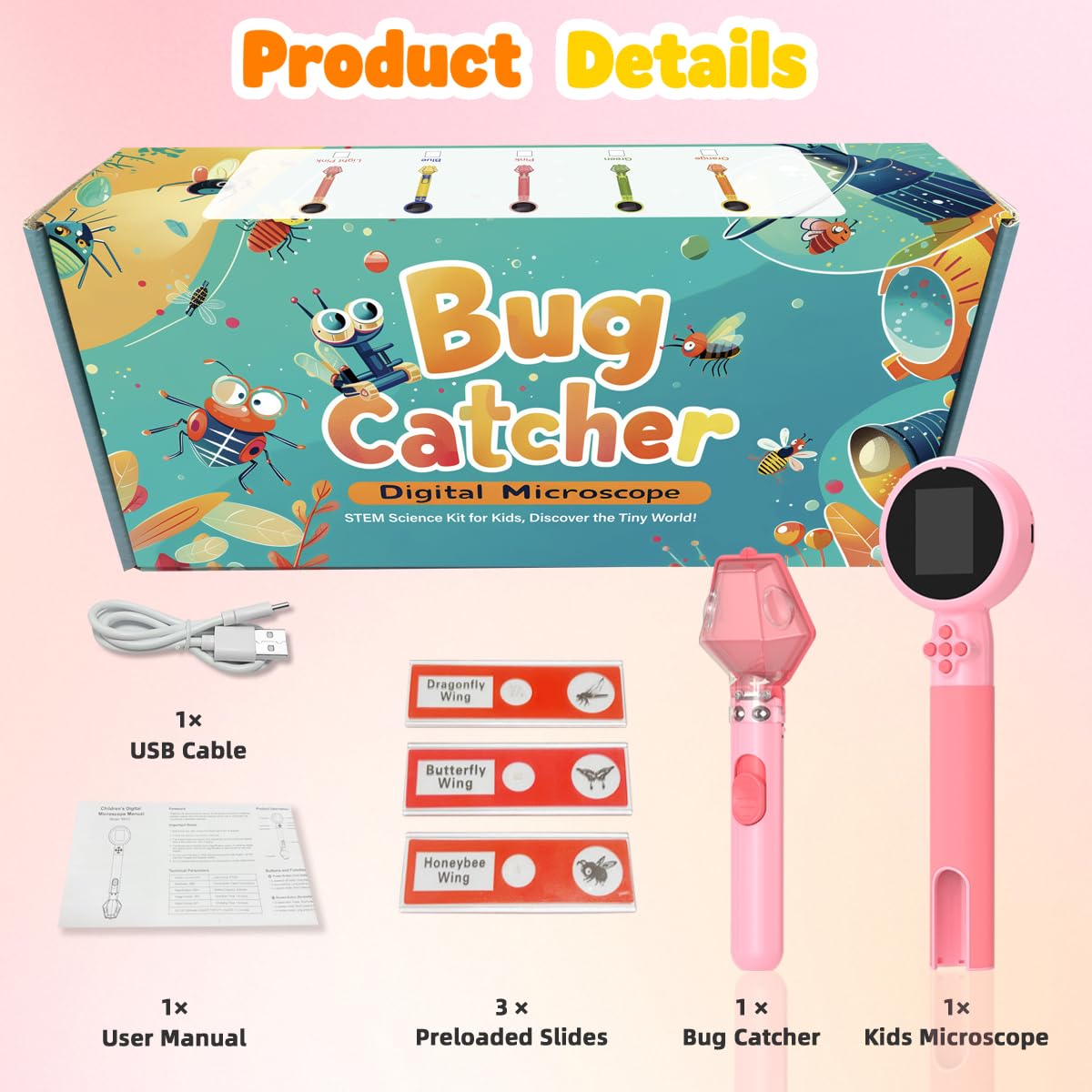 JIMZOO Kids Microscope with Bug Catcher Kit – 1080P HD, 200–500X, LED Light, Rechargeable, Portable